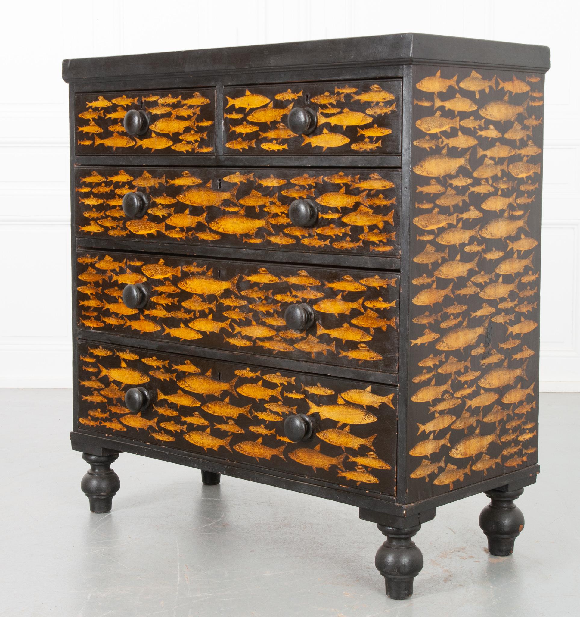 Rustic English 19th Century Chest with Fish Decoupage