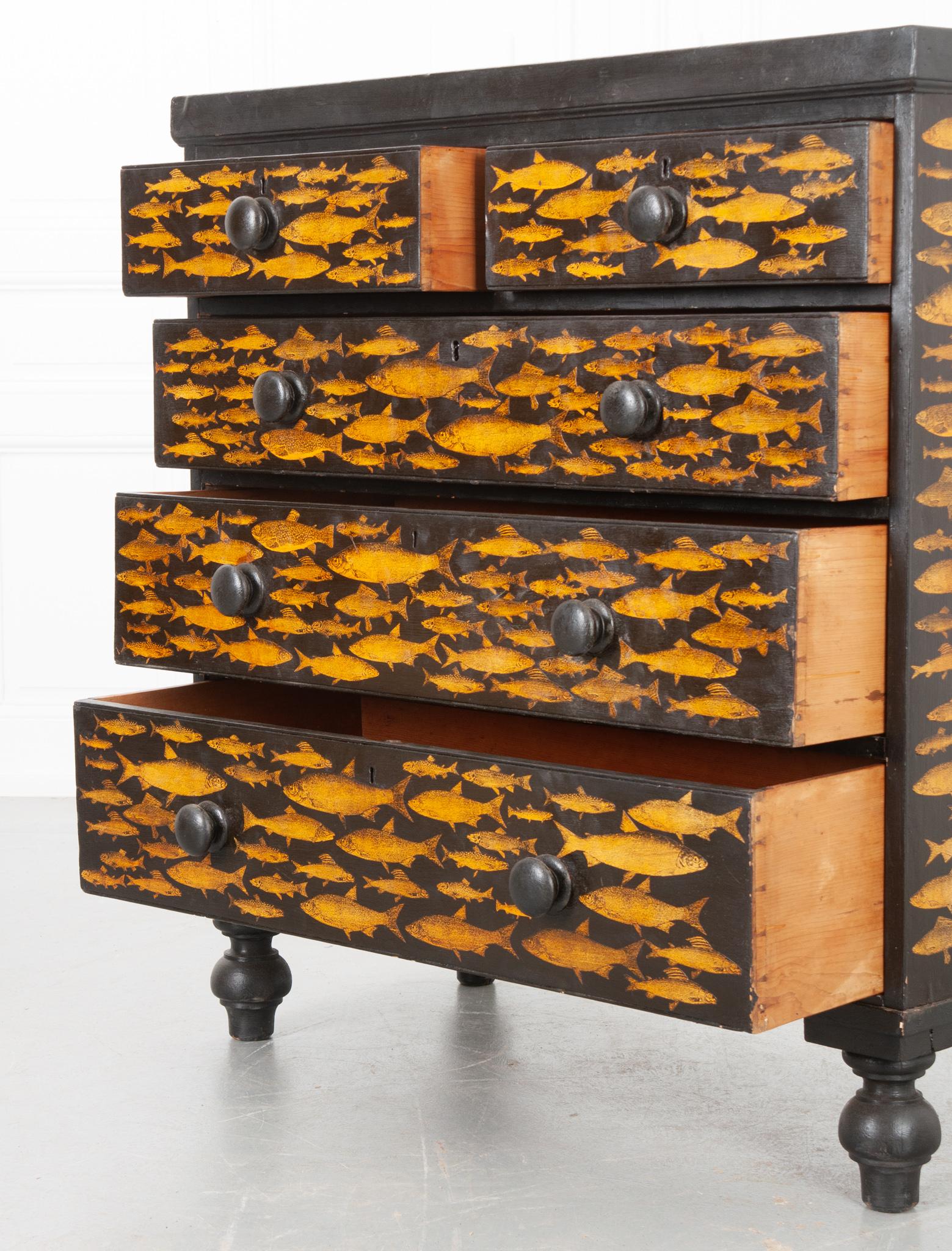 Découpage English 19th Century Chest with Fish Decoupage
