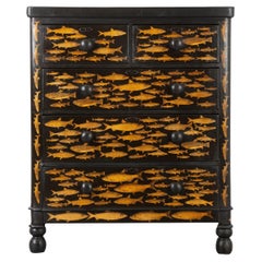 Antique English 19th Century Chest with Fish Decoupage