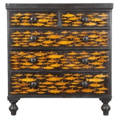 Antique English 19th Century Chest with Fish Decoupage