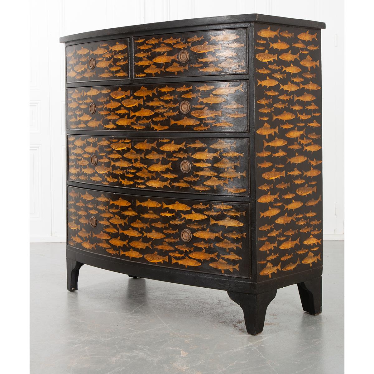 Pine English 19th Century Chest with Fish Decoupage Motif