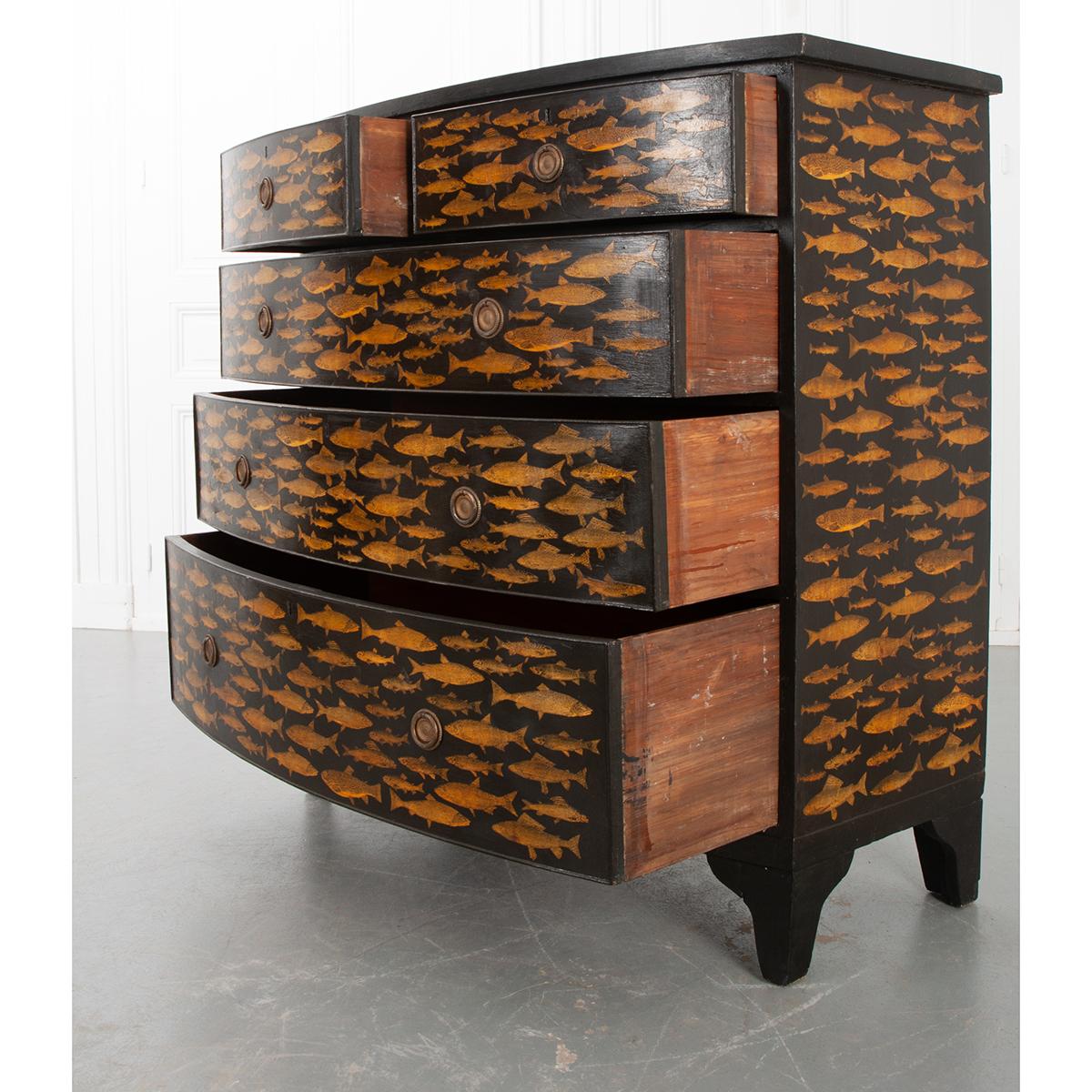 English 19th Century Chest with Fish Decoupage Motif 1