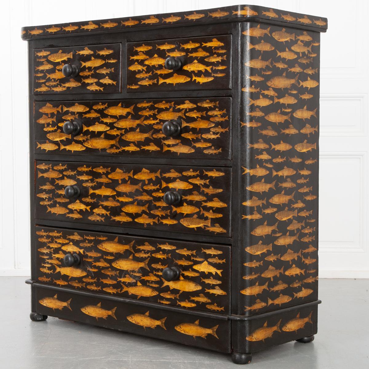 English 19th Century Chest with Fish Decoupage Motif 2