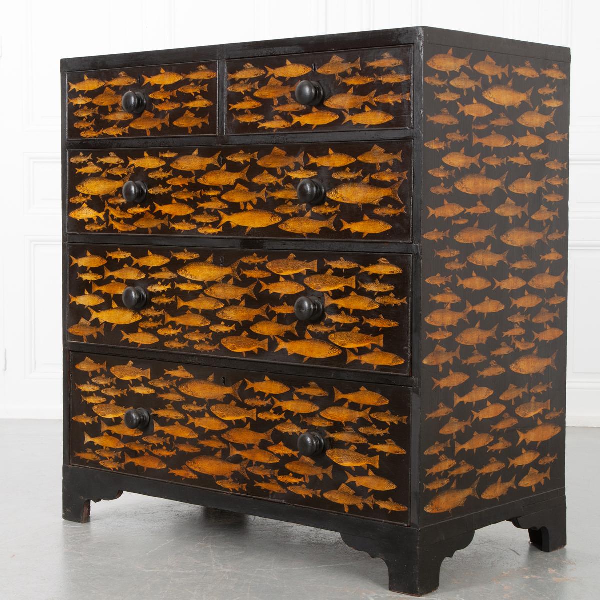 English 19th Century Chest with Fish Decoupage Motif 3