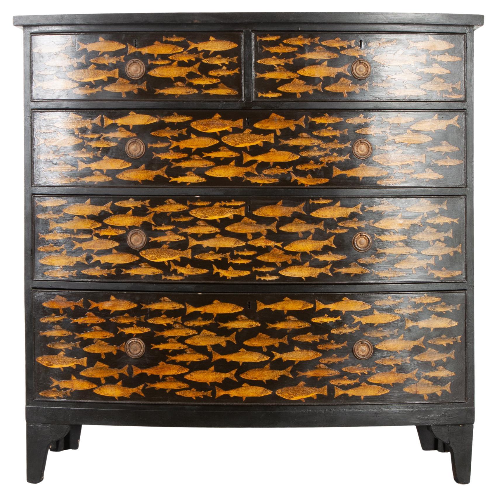 English 19th Century Chest with Fish Decoupage Motif