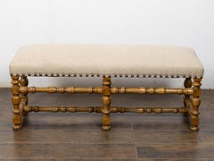 English 19th Century Chestnut Bench with Turned Stretcher Base