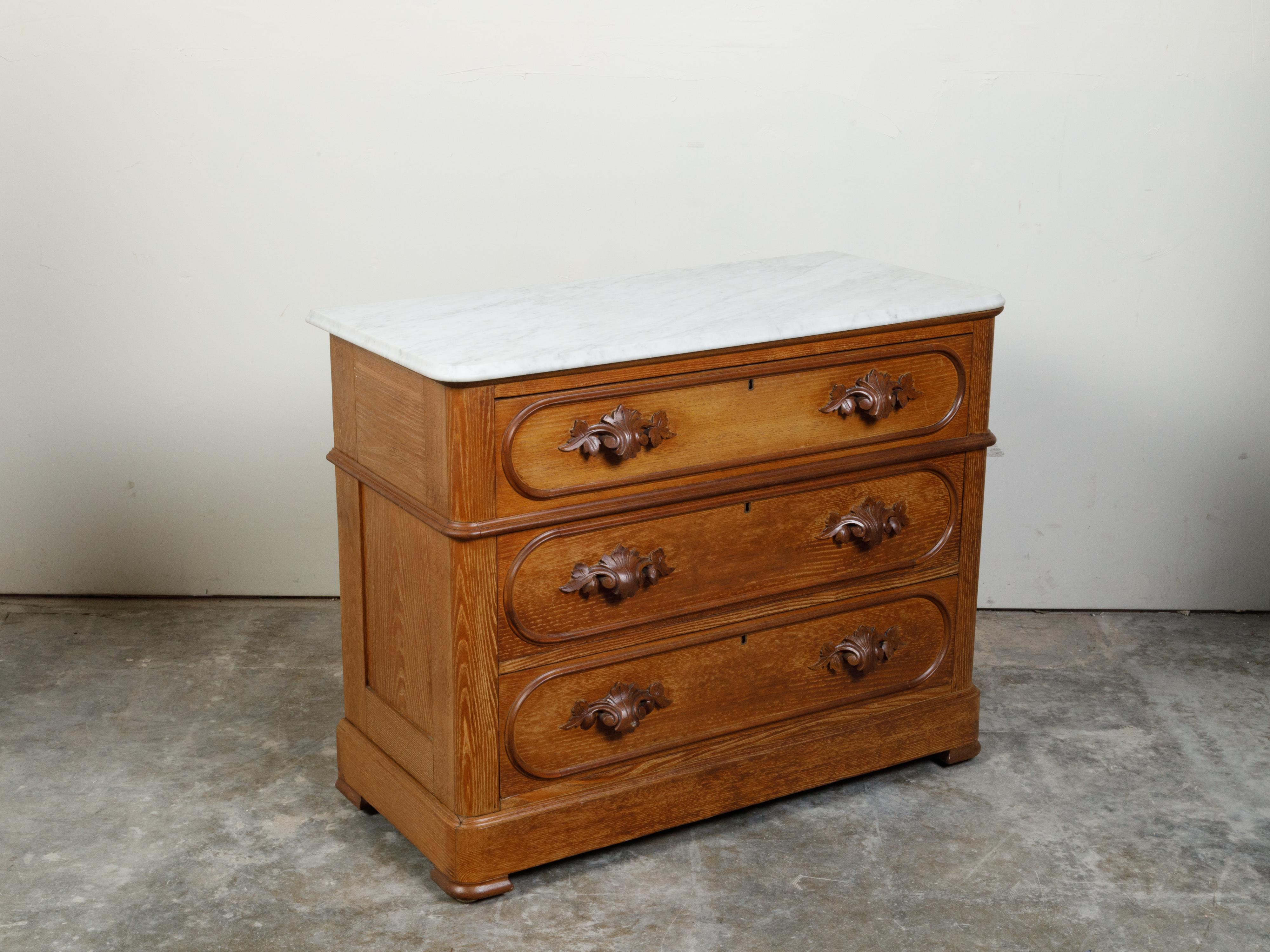 Carved English 19th Century Chestnut Three-Drawer Chest with White Marble Top