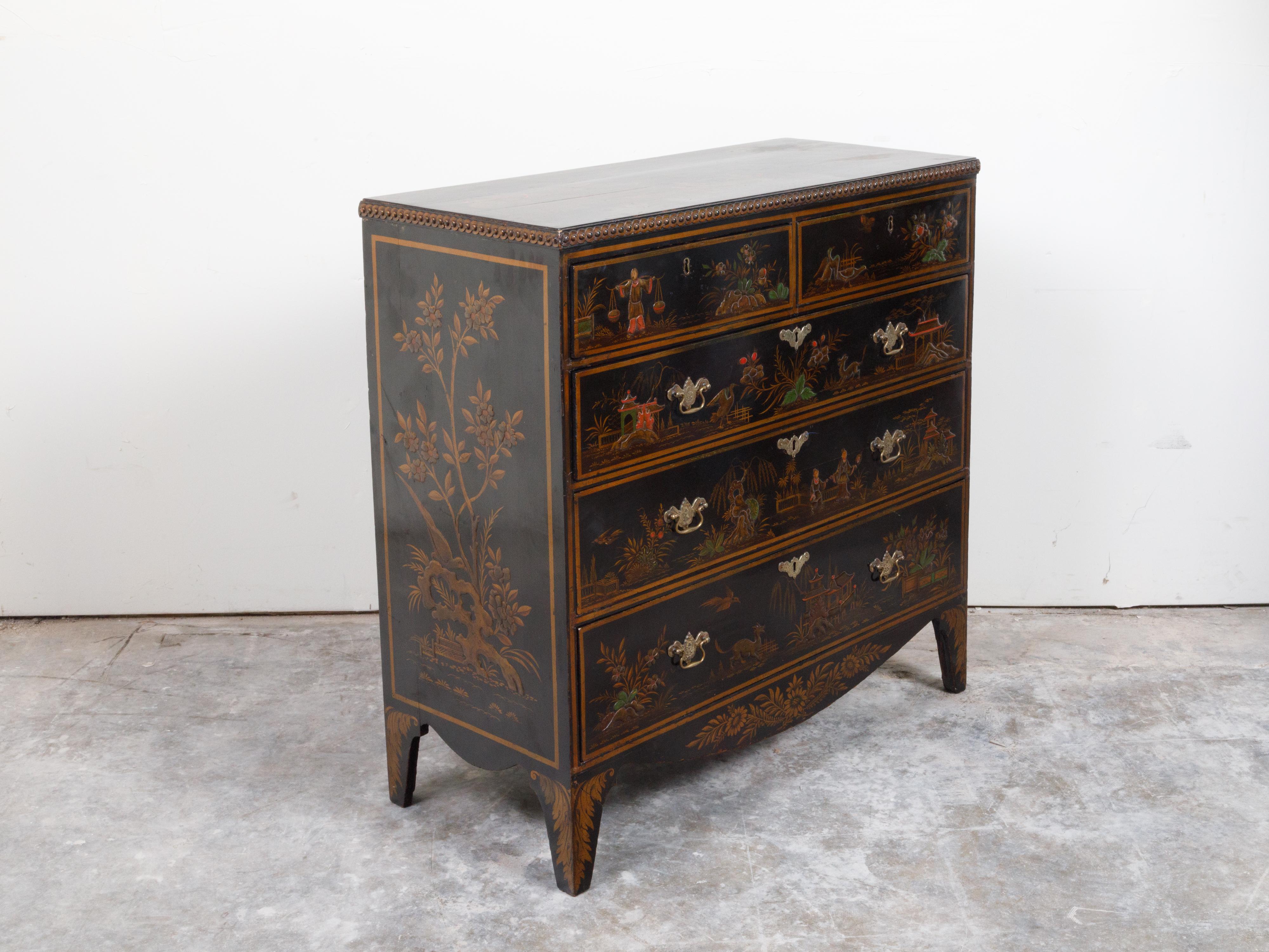 English 19th Century Chinoiserie Lacquered Commode with Five Drawers For Sale 6