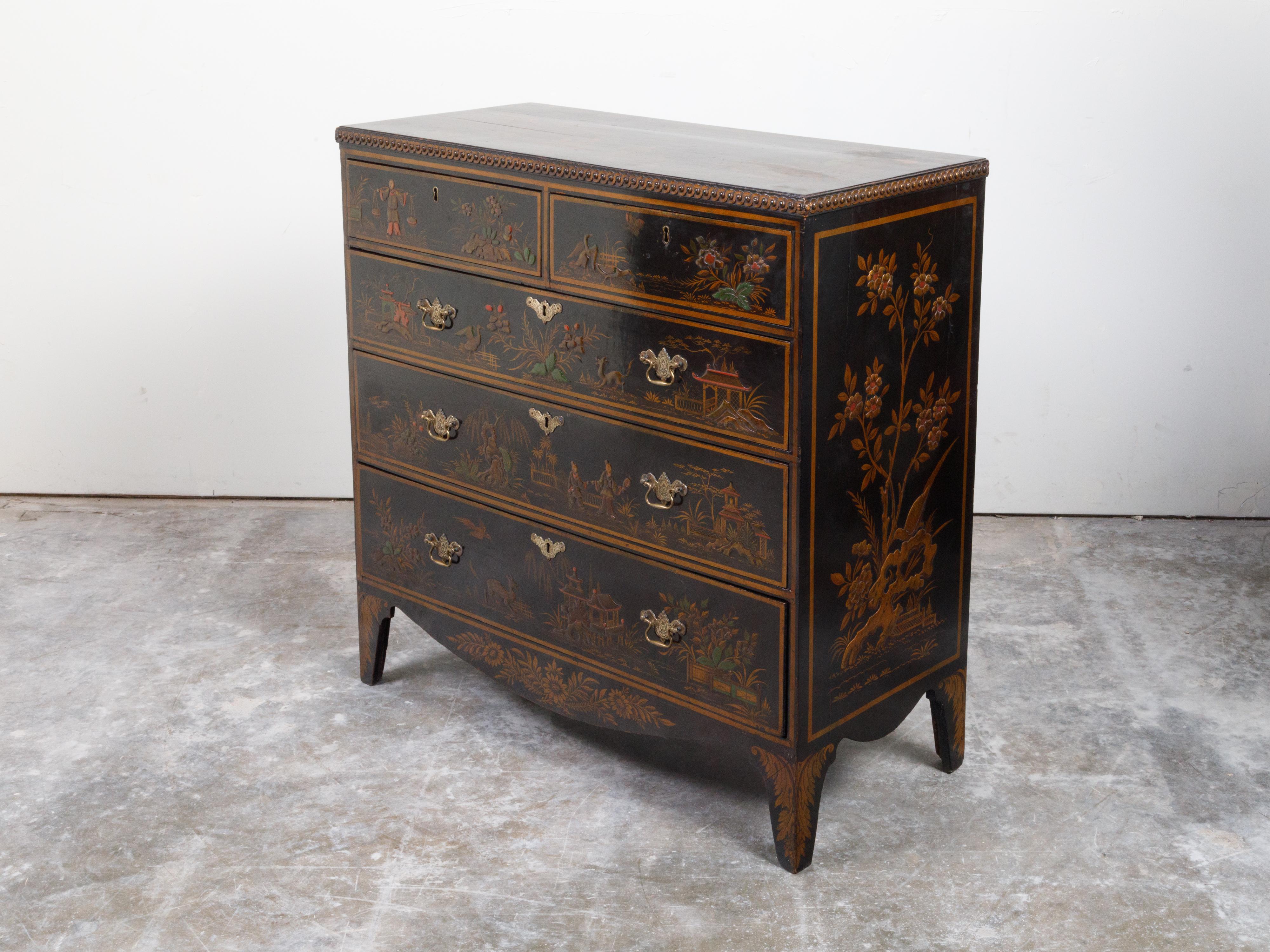 English 19th Century Chinoiserie Lacquered Commode with Five Drawers For Sale 11