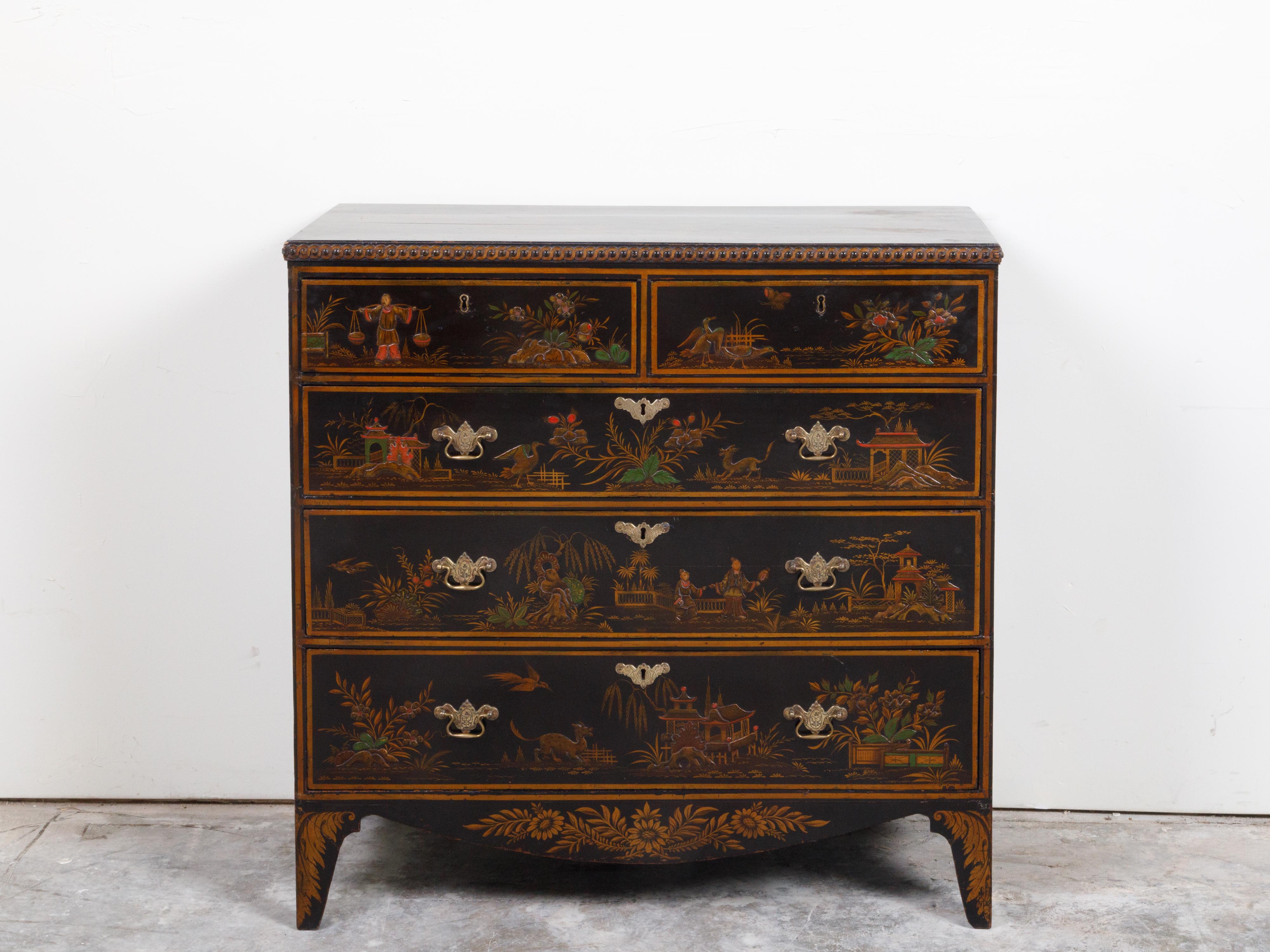 An English black commode from the 19th century, with Chinoiserie low-relief décor, guilloche motifs and five drawers. Created in England during the 19th century, this lacquered commode features a rectangular top with Chinoiserie décor, accented with