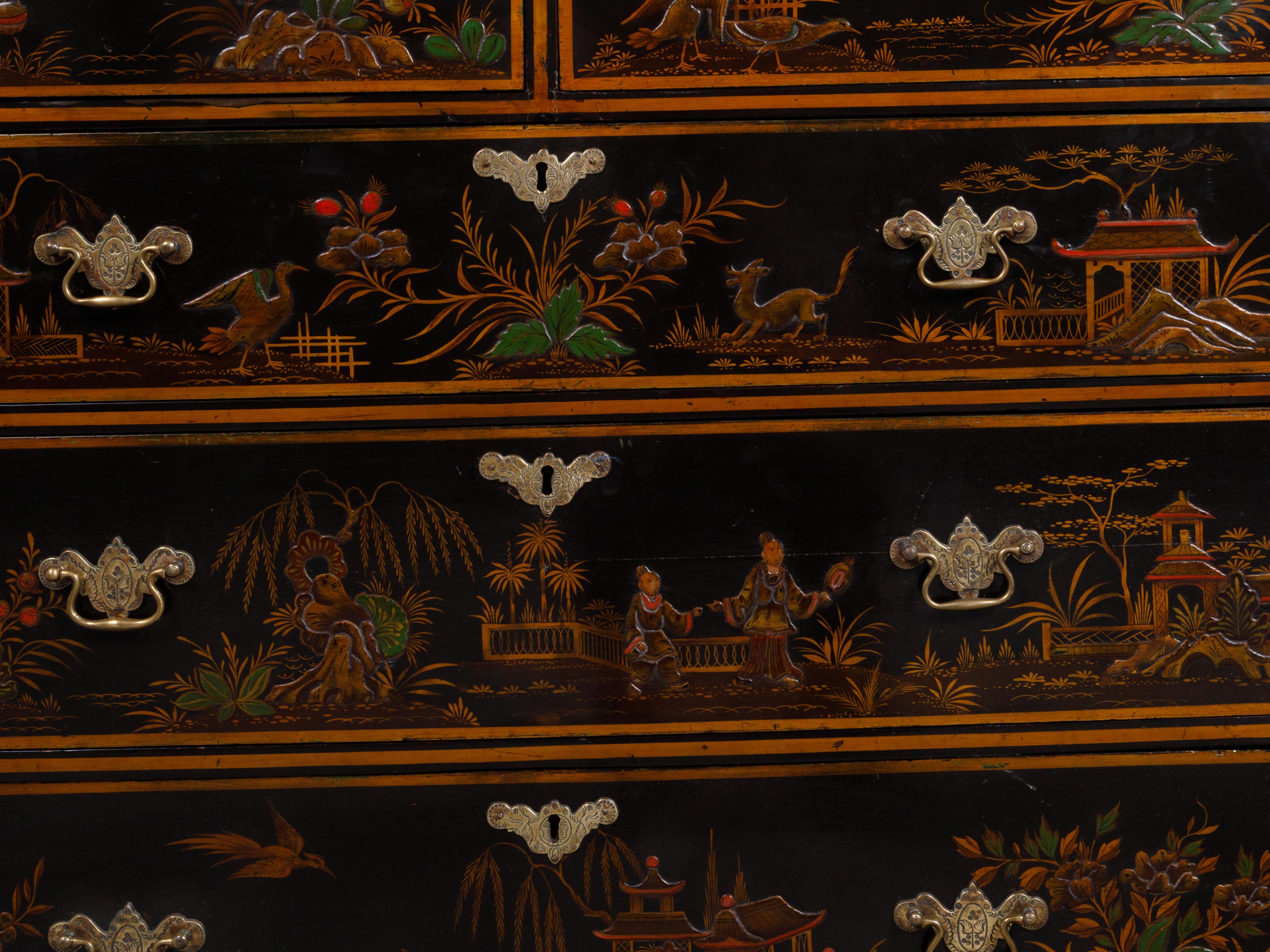 Laqué Commode anglaise laquée de style chinoiserie du XIXe siècle avec cinq tiroirs en vente