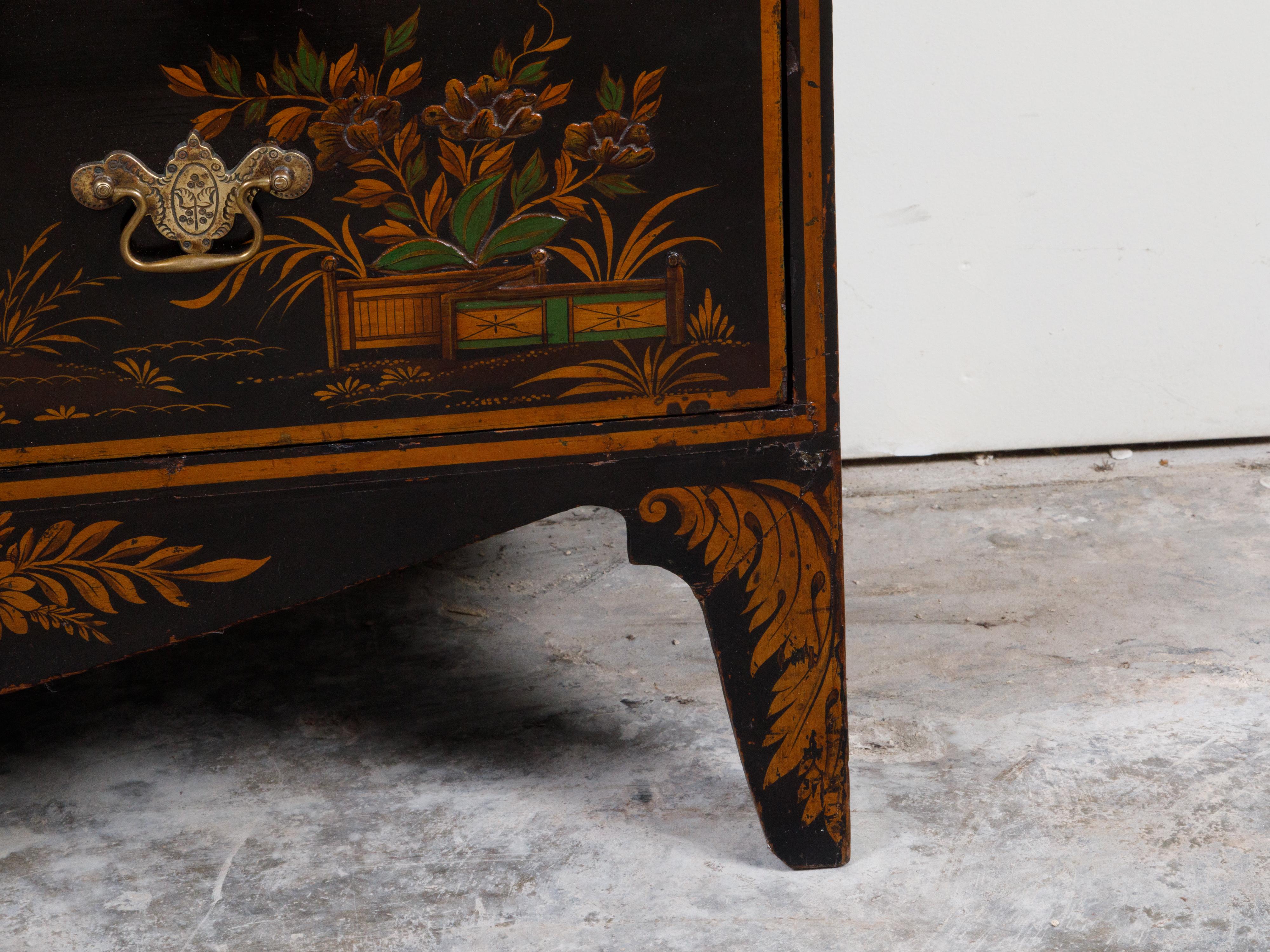 Commode anglaise laquée de style chinoiserie du XIXe siècle avec cinq tiroirs en vente 1