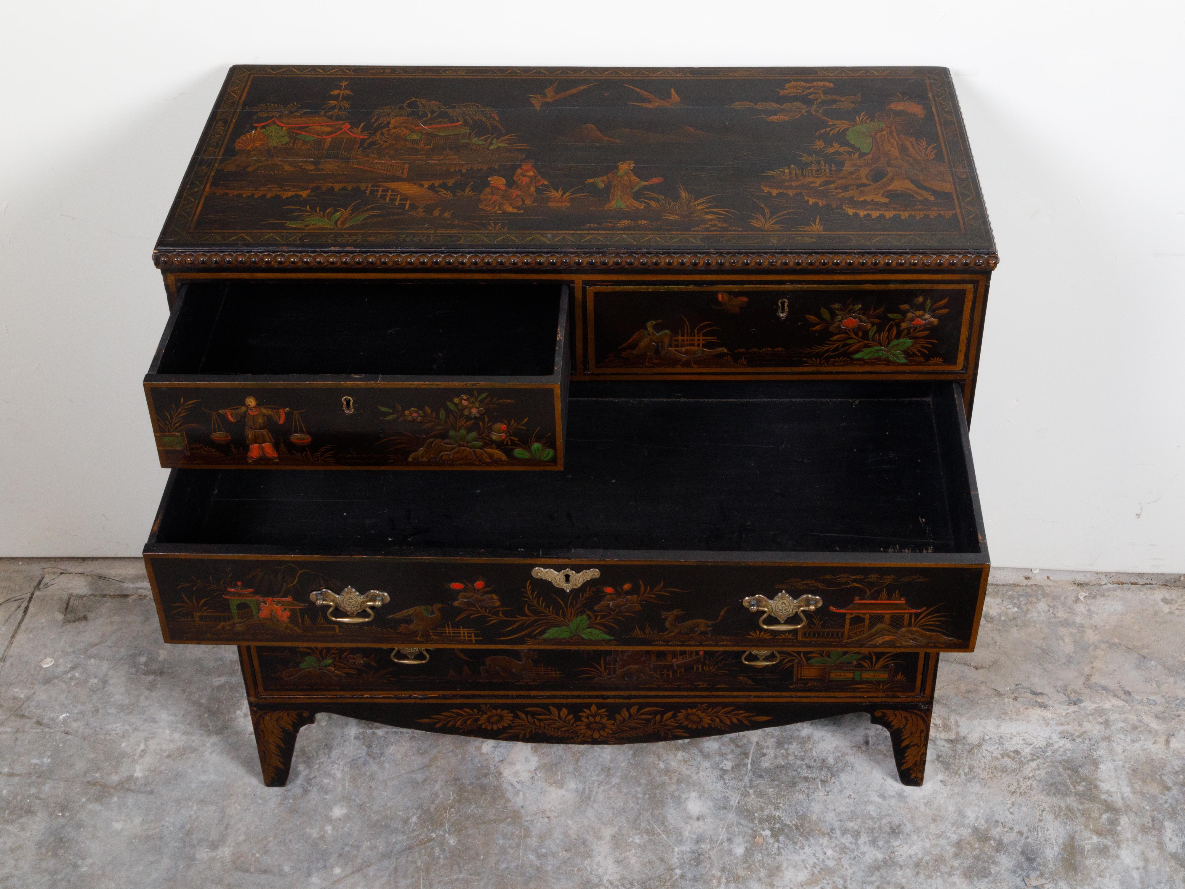 English 19th Century Chinoiserie Lacquered Commode with Five Drawers For Sale 5
