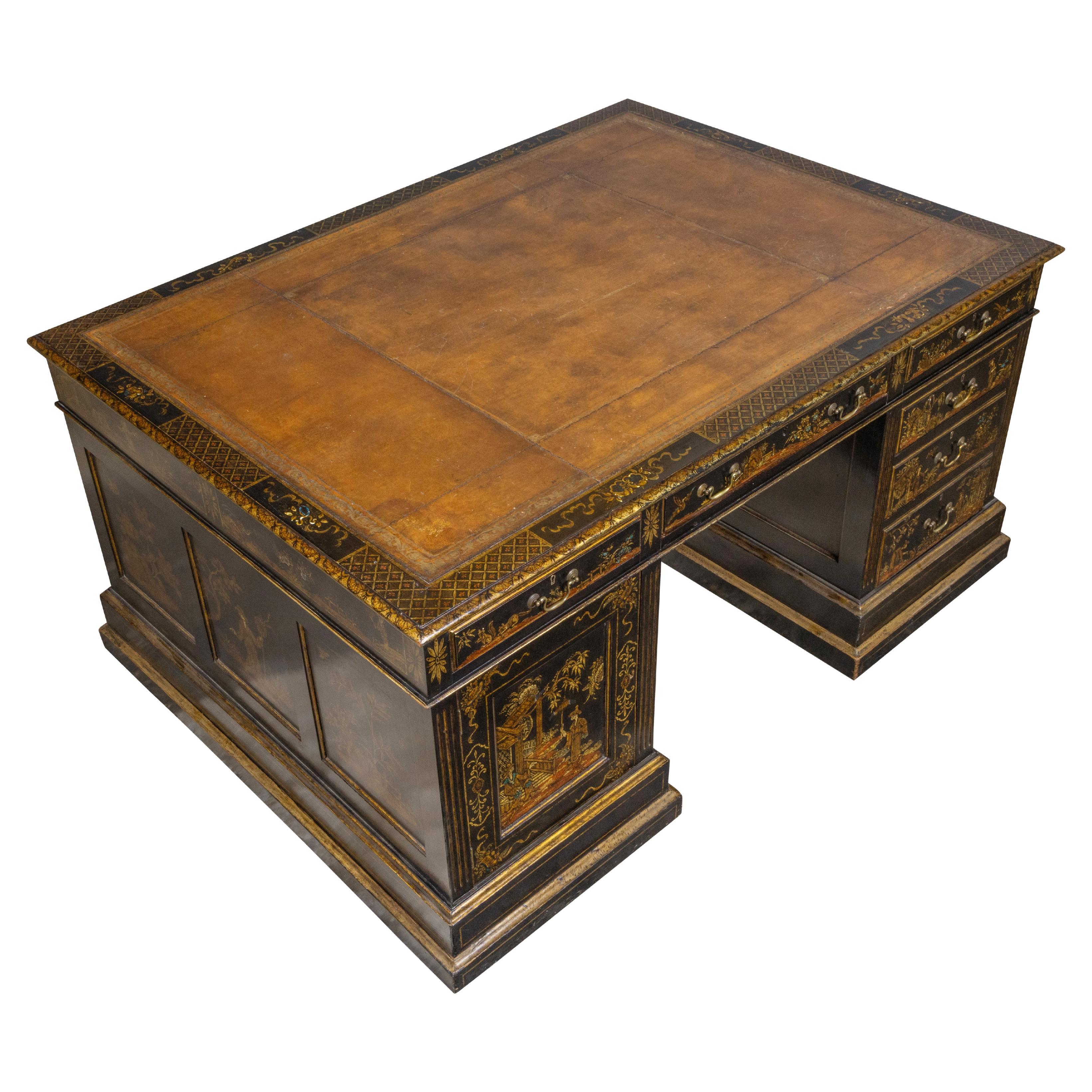 English 19th Century Chinoiserie Partner’s Desk with Leather Top and Gilt Decor
