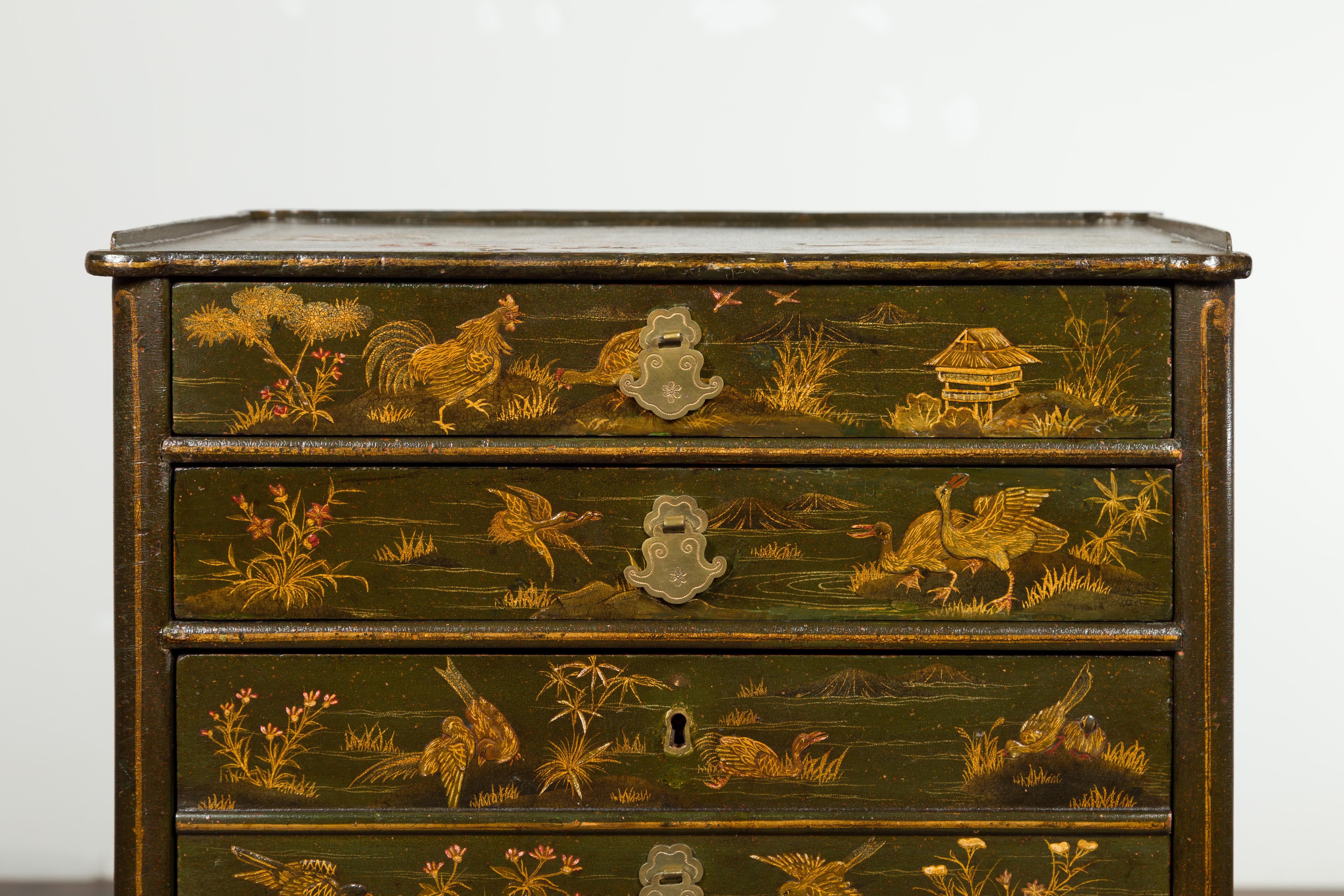 English 19th Century Chinoiserie Table with Four Drawers, Shelf and Curving Legs 6