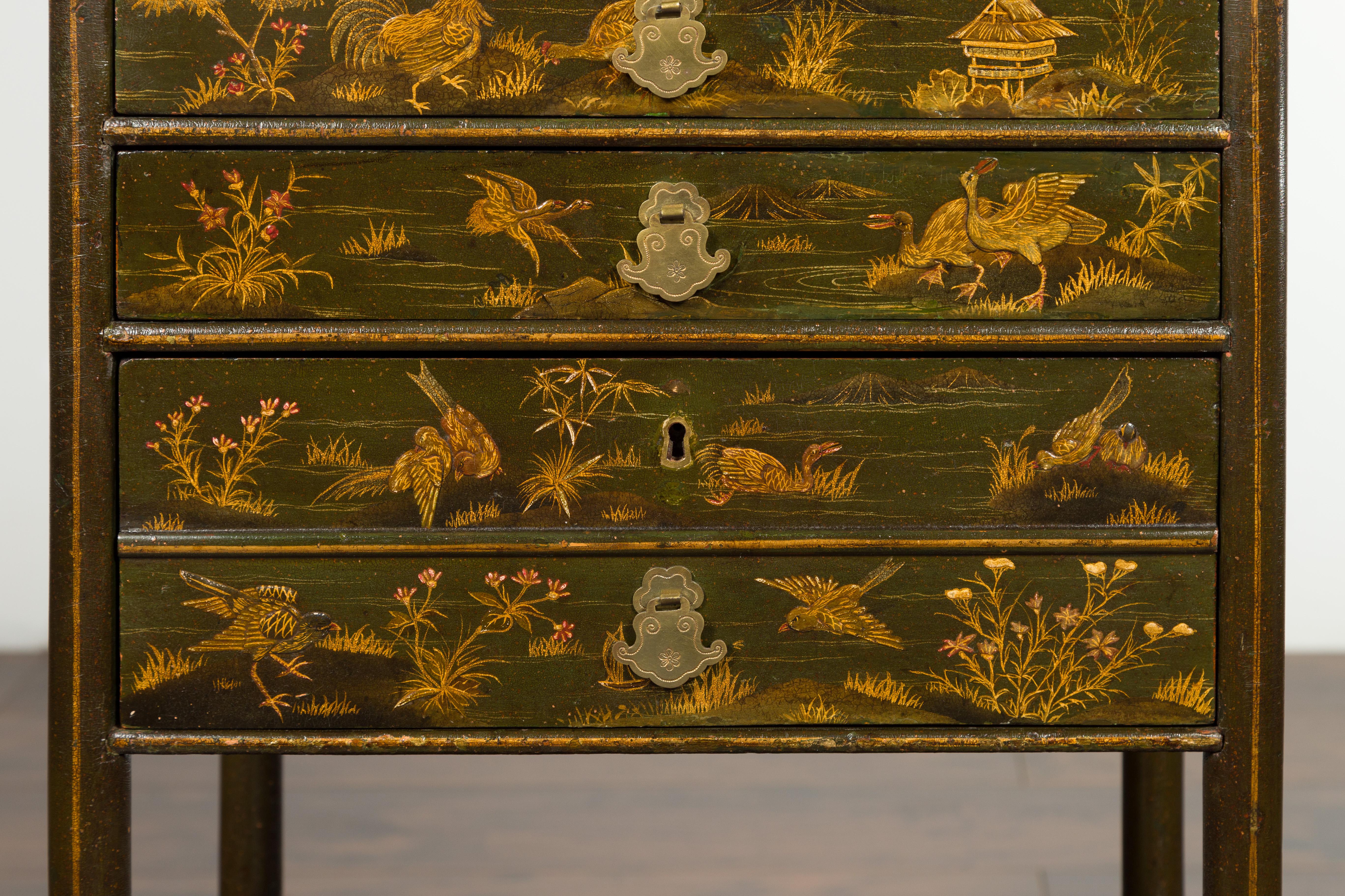English 19th Century Chinoiserie Table with Four Drawers, Shelf and Curving Legs 7