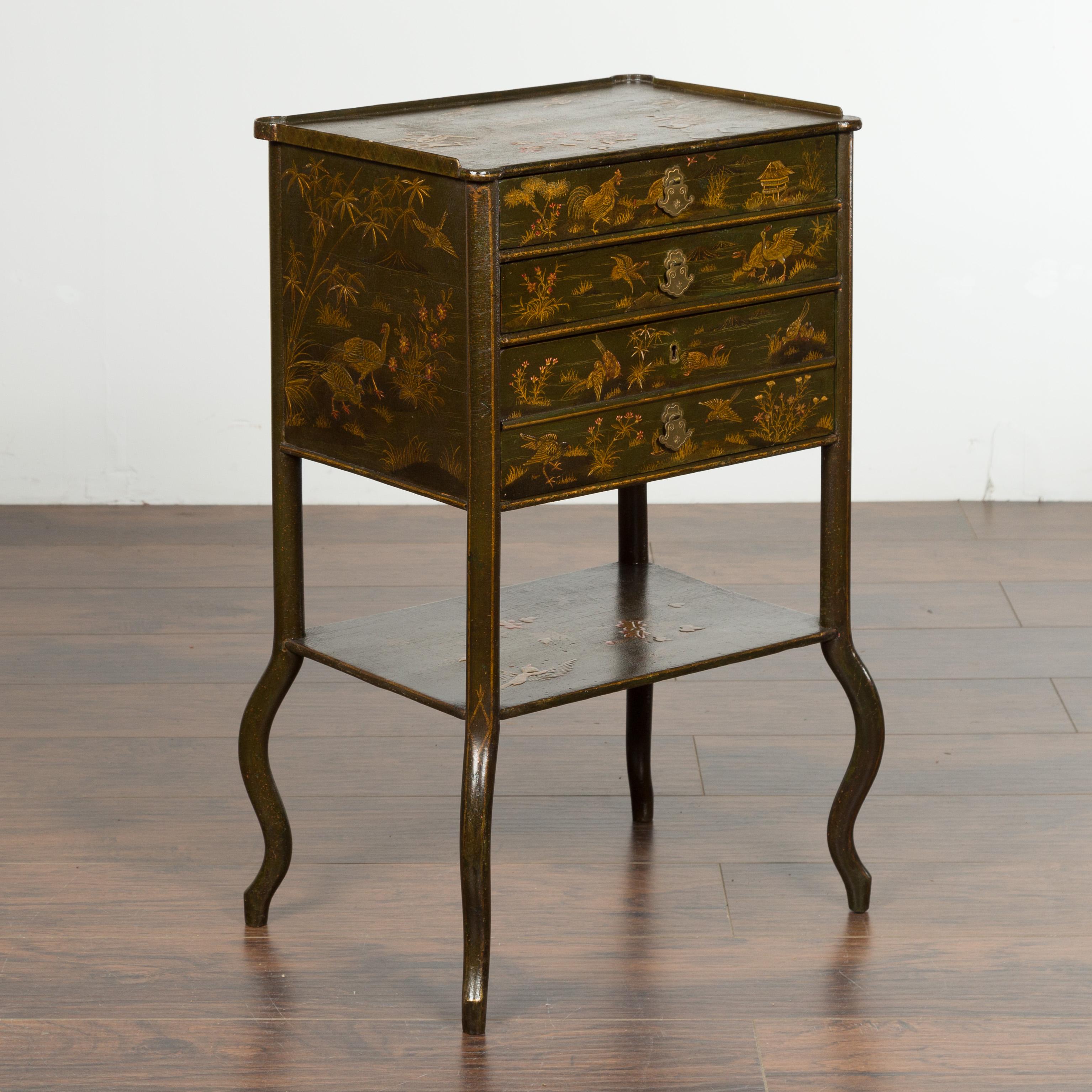 English 19th Century Chinoiserie Table with Four Drawers, Shelf and Curving Legs 9