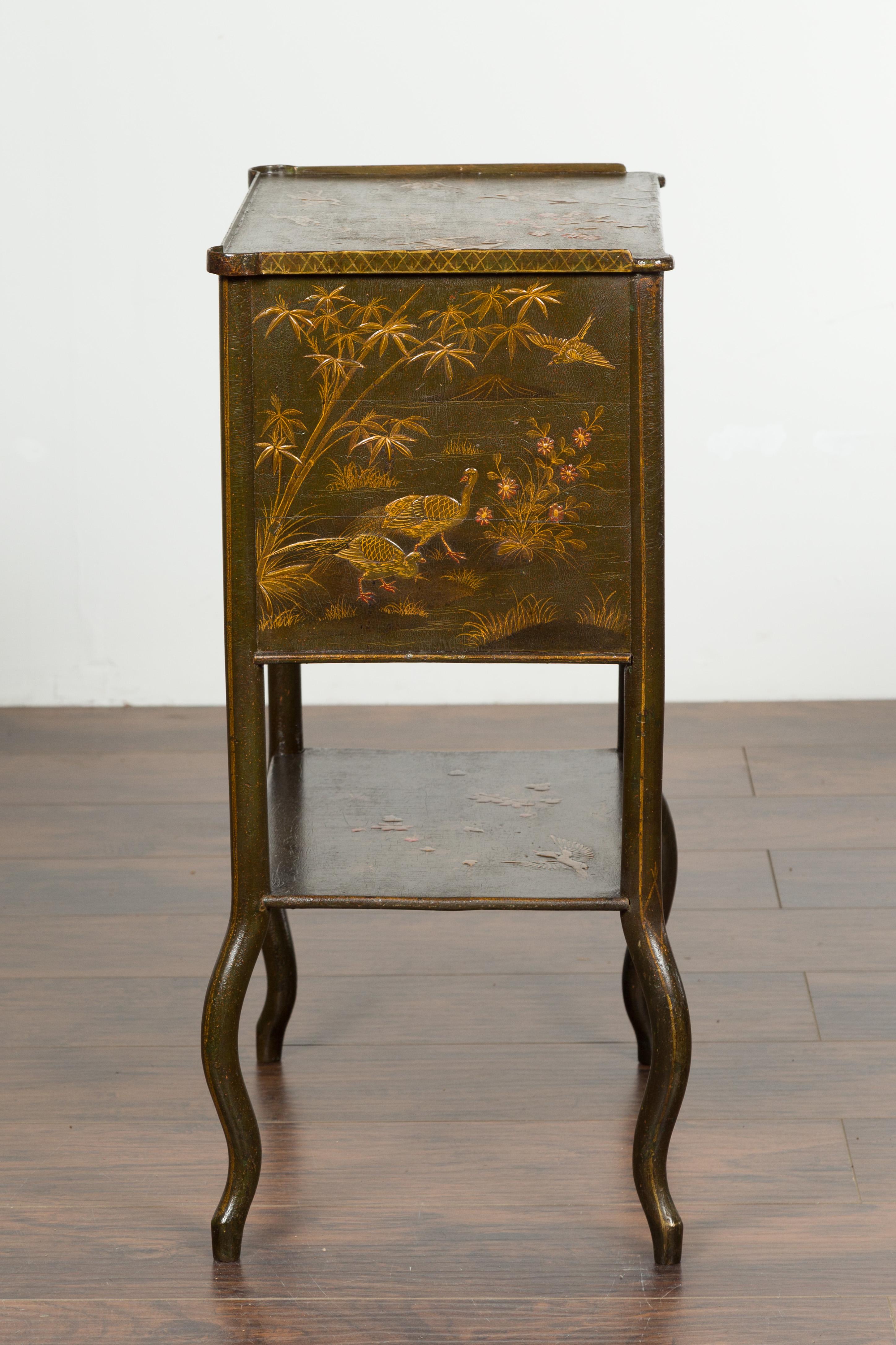 English 19th Century Chinoiserie Table with Four Drawers, Shelf and Curving Legs 10