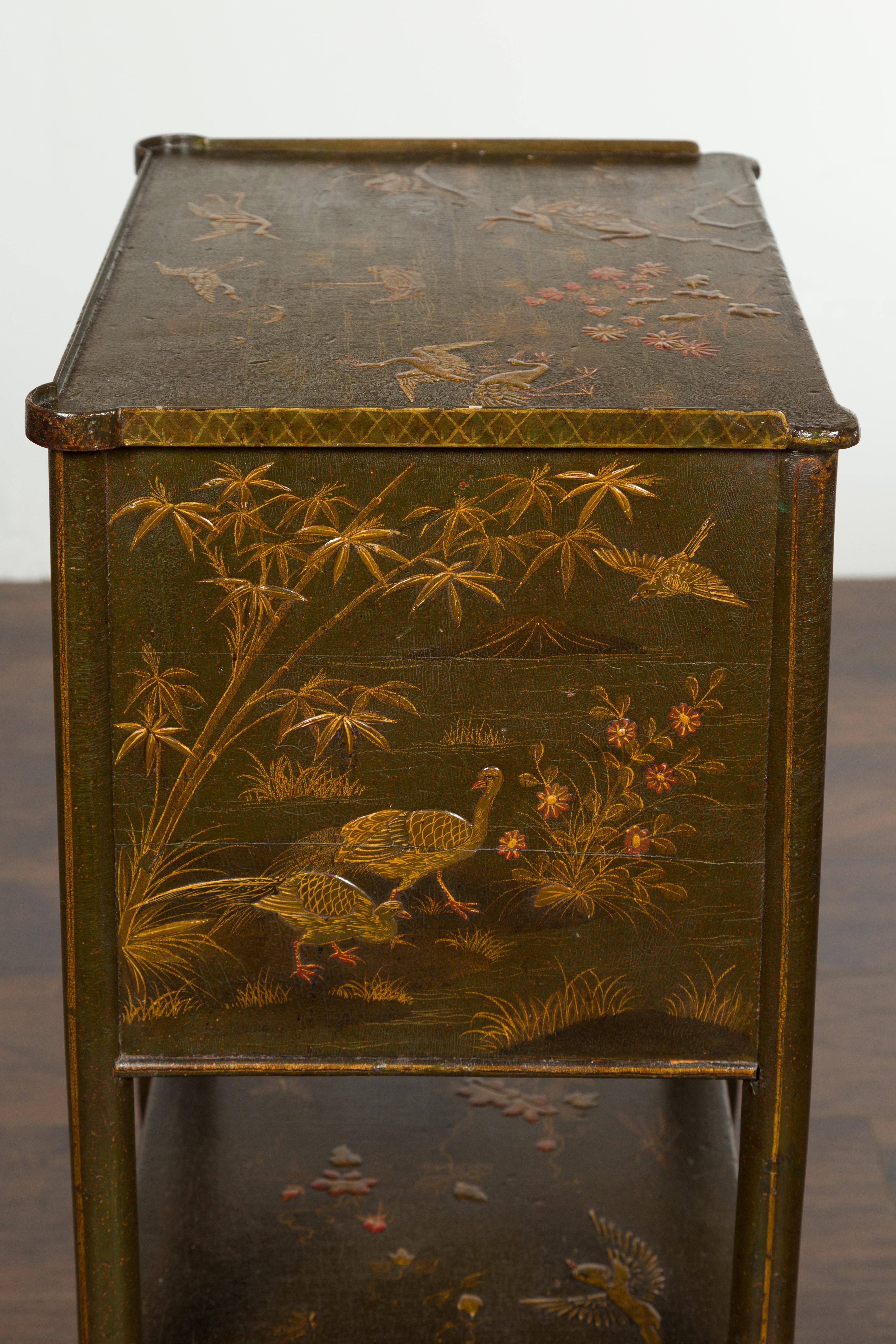 English 19th Century Chinoiserie Table with Four Drawers, Shelf and Curving Legs 11