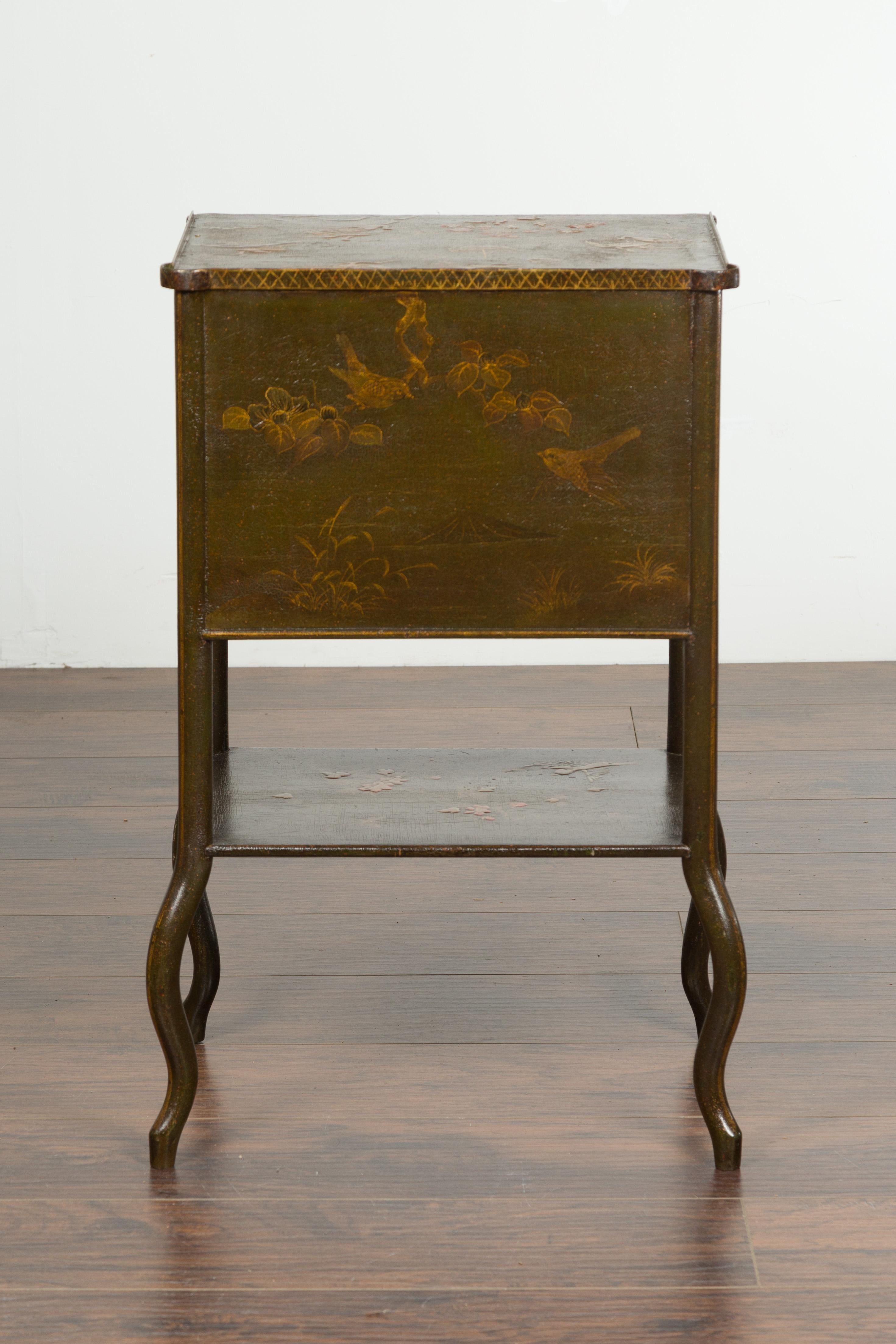 English 19th Century Chinoiserie Table with Four Drawers, Shelf and Curving Legs 12