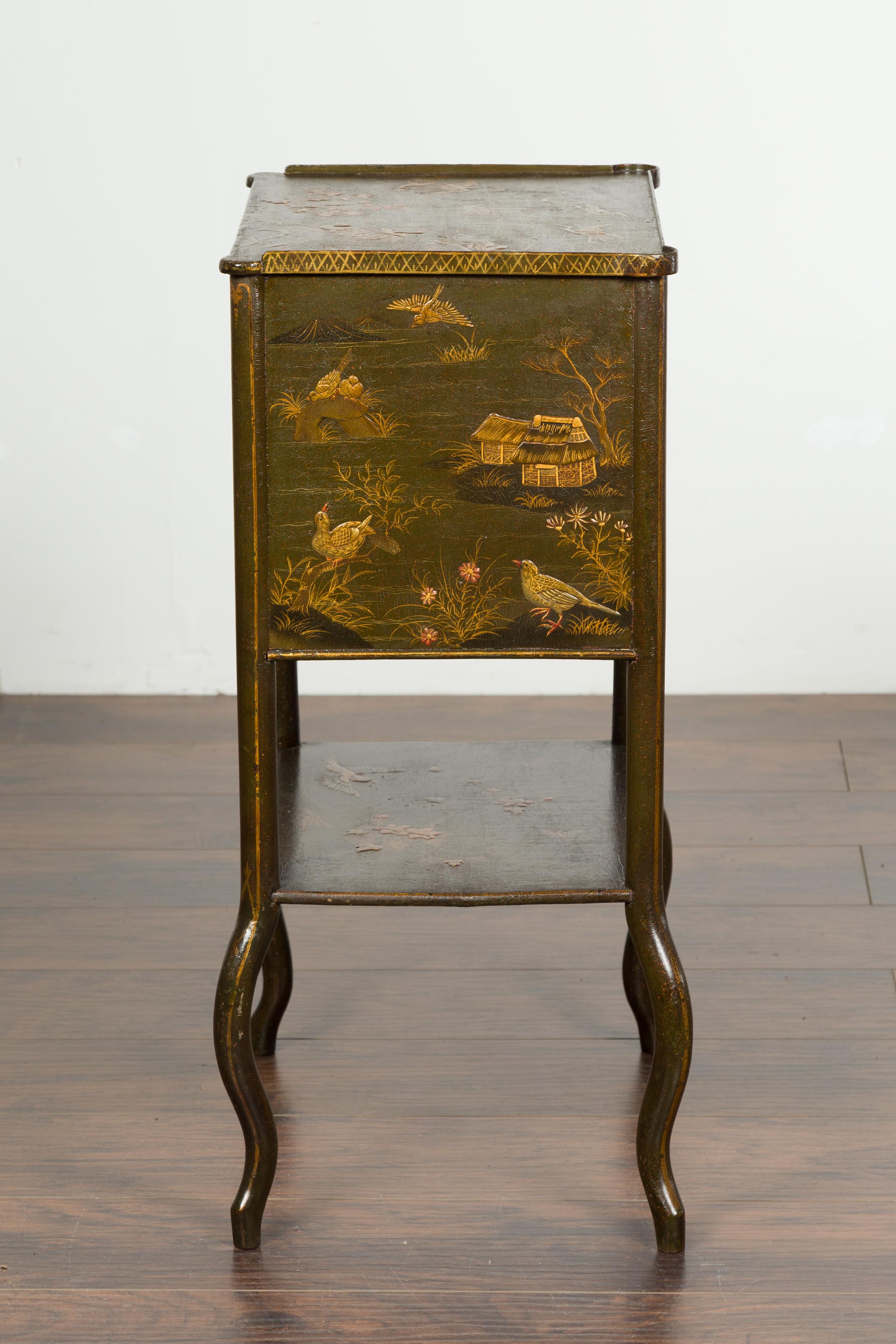 English 19th Century Chinoiserie Table with Four Drawers, Shelf and Curving Legs 13