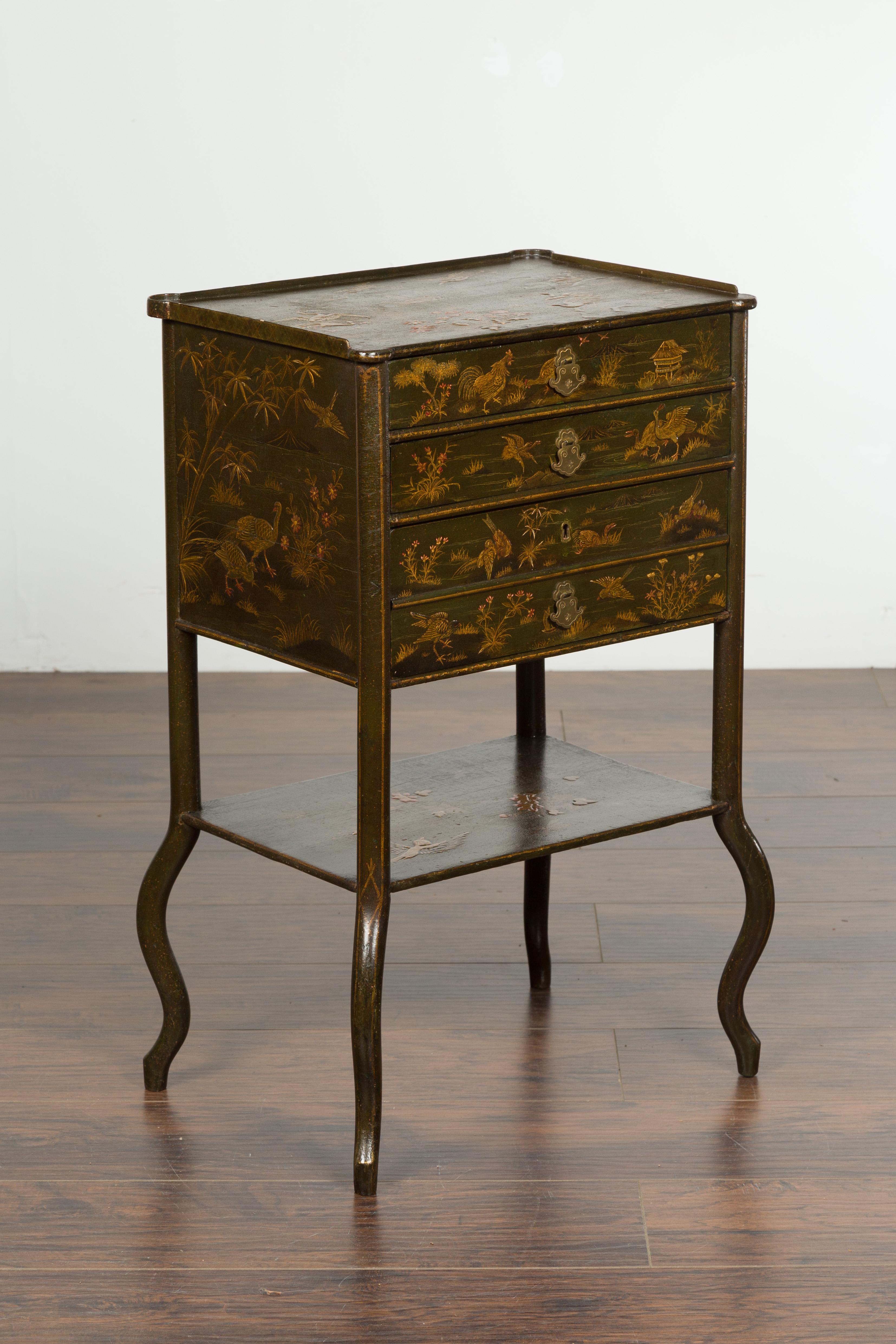 Lacquered English 19th Century Chinoiserie Table with Four Drawers, Shelf and Curving Legs
