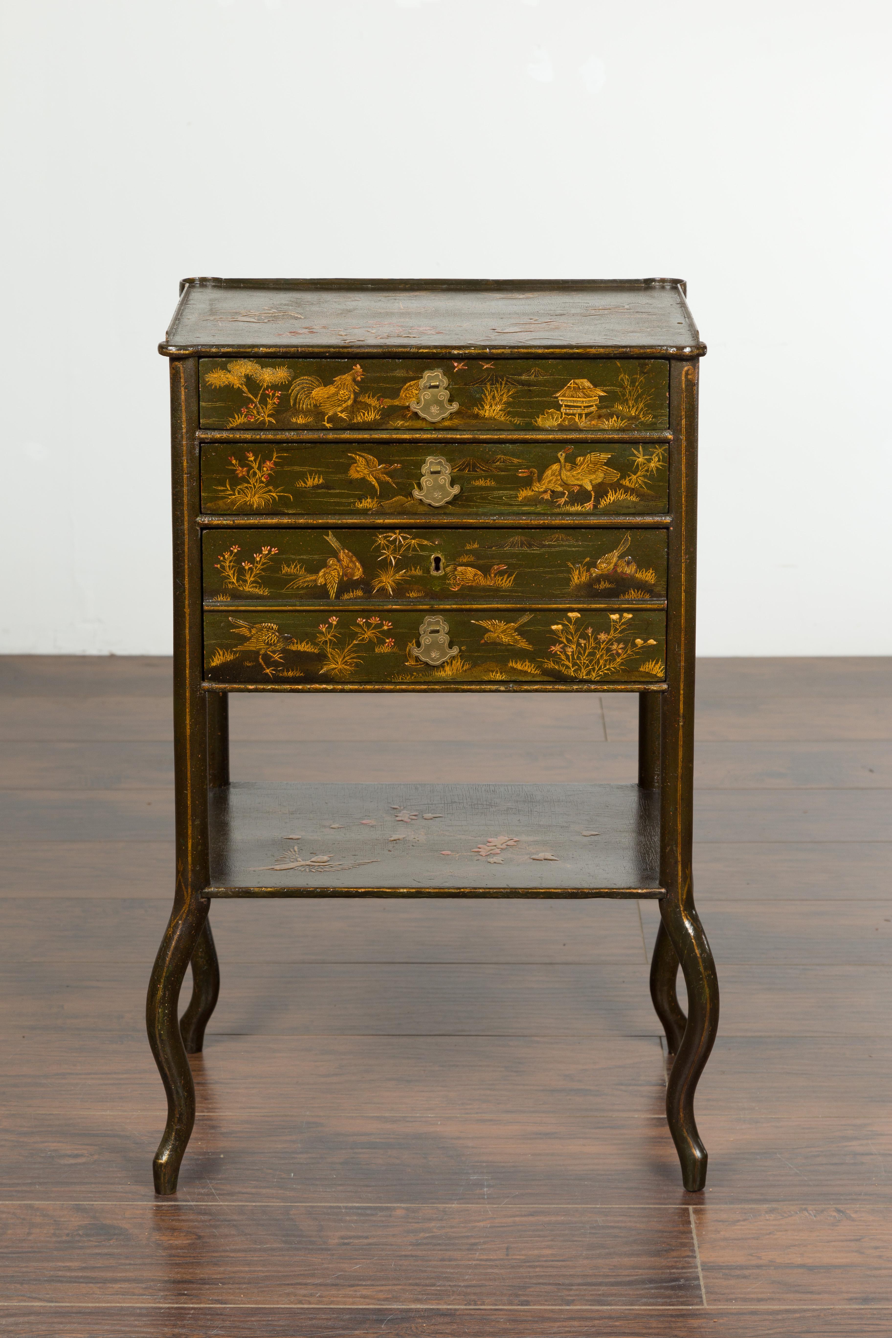 English 19th Century Chinoiserie Table with Four Drawers, Shelf and Curving Legs In Good Condition In Atlanta, GA