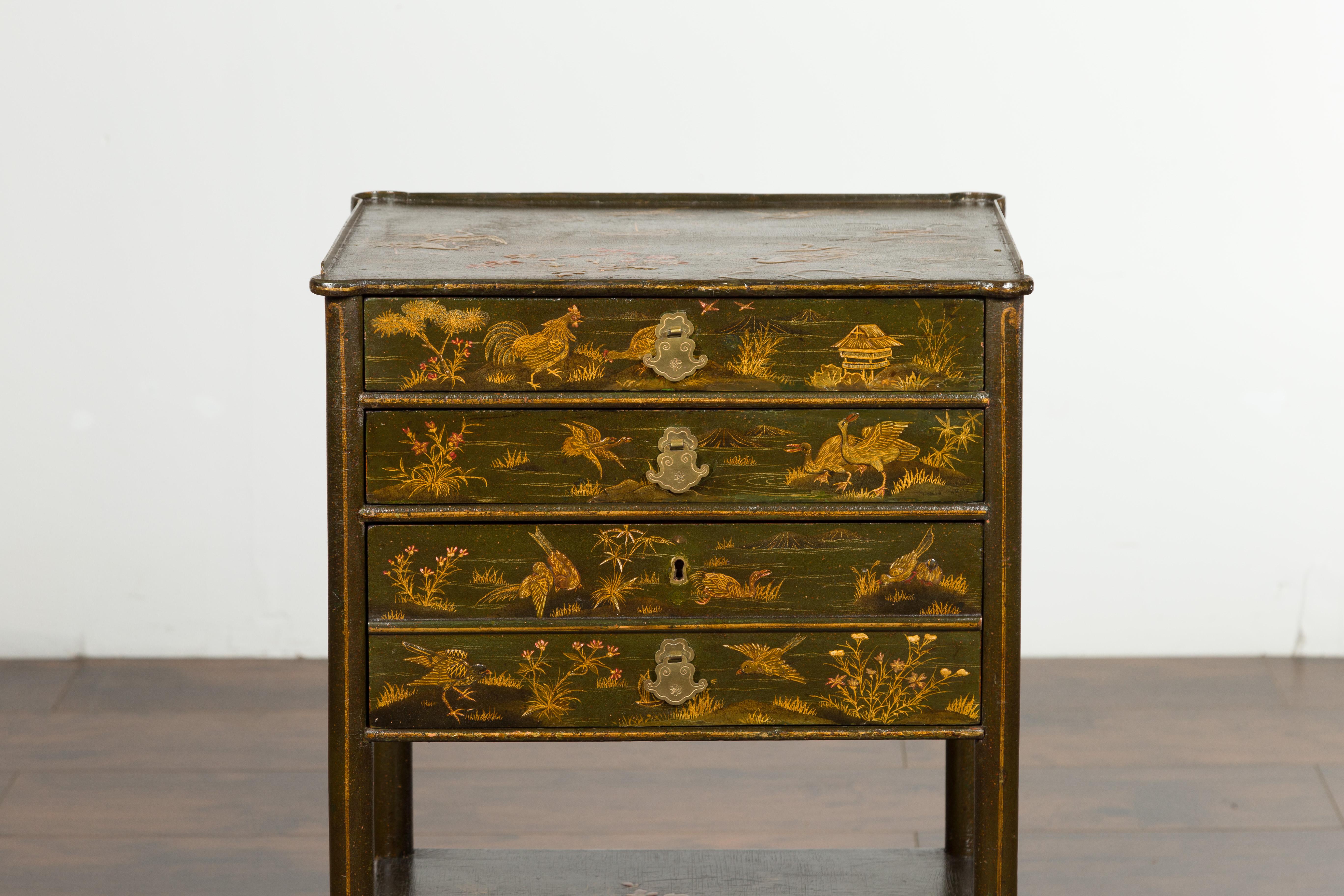 Wood English 19th Century Chinoiserie Table with Four Drawers, Shelf and Curving Legs