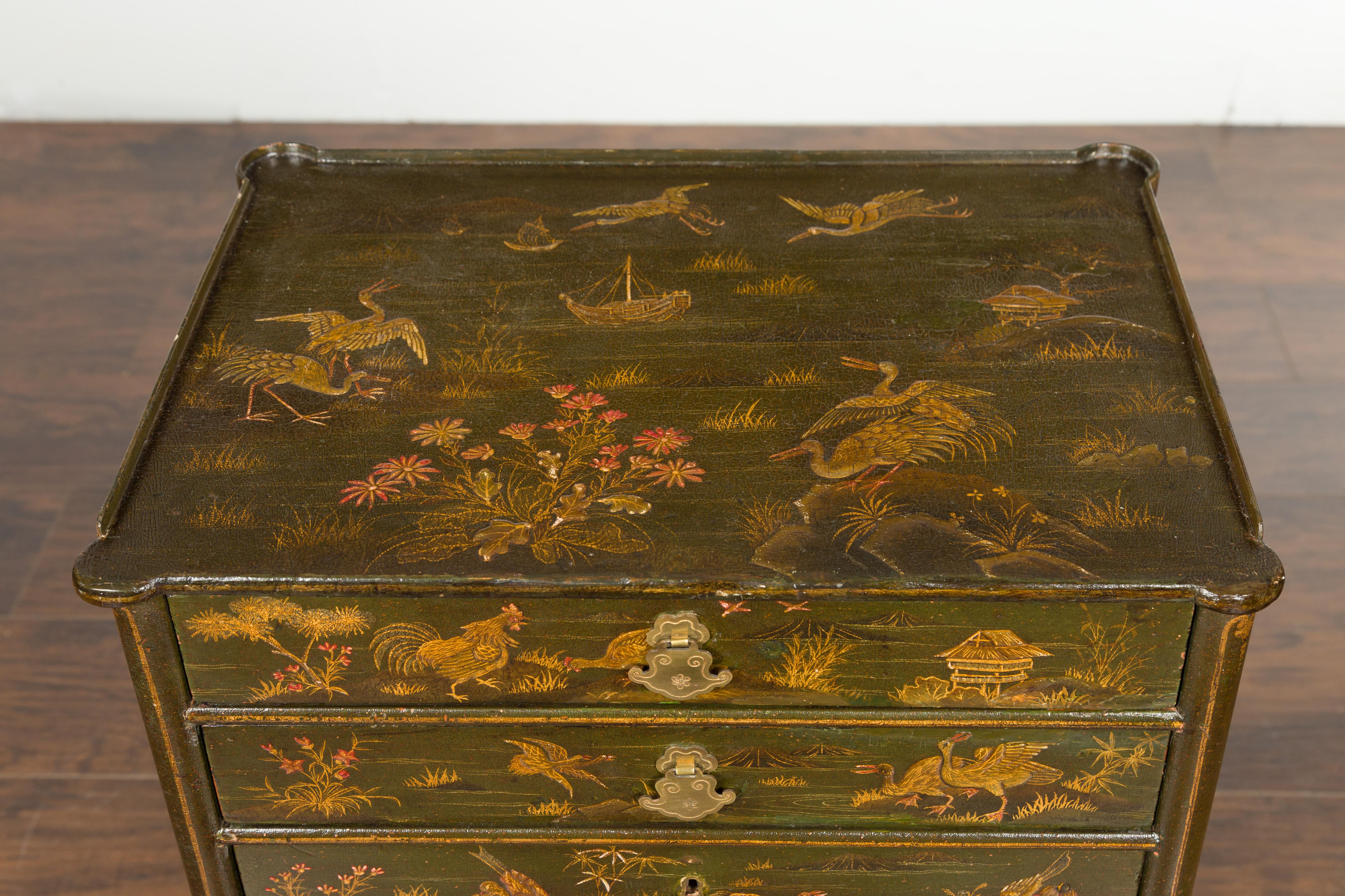 English 19th Century Chinoiserie Table with Four Drawers, Shelf and Curving Legs 1