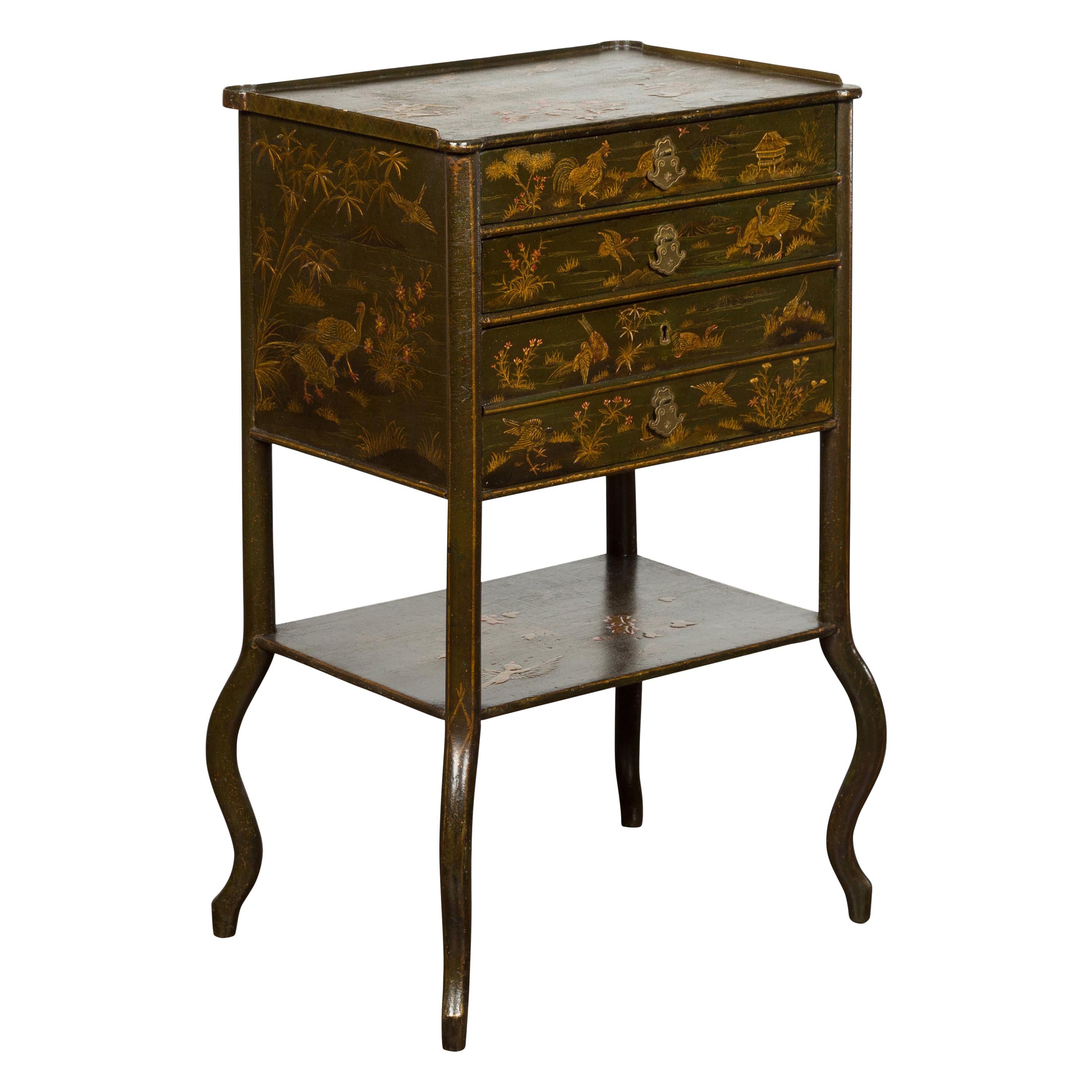 English 19th Century Chinoiserie Table with Four Drawers, Shelf and Curving Legs