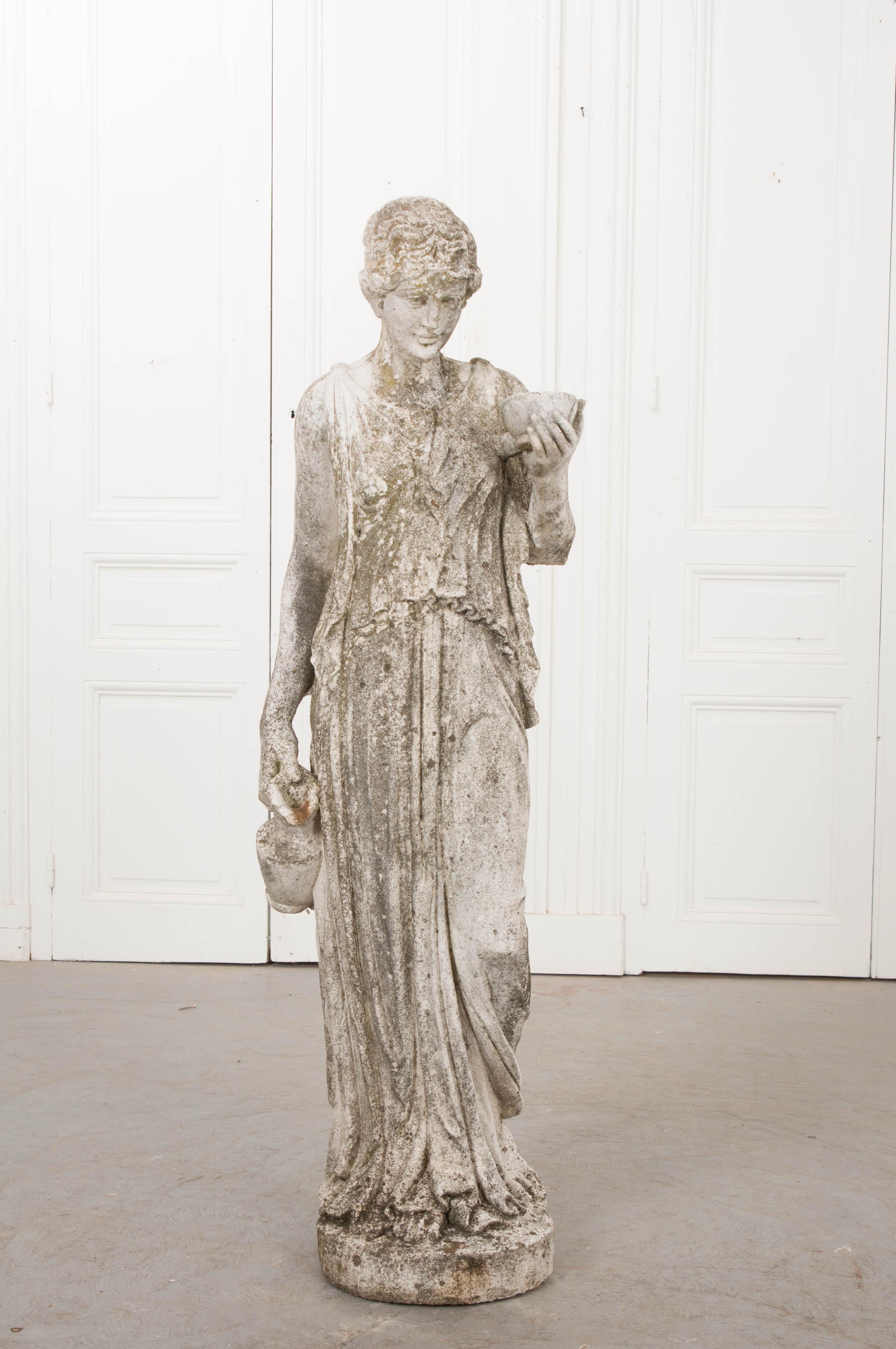 This beautifully patinated carved stone statue of Hebe, the goddess of Youth or the “Prime of Life,” circa 1830s, is from England. Not only for the garden, she would be nothing less than stunning indoors!
  
  