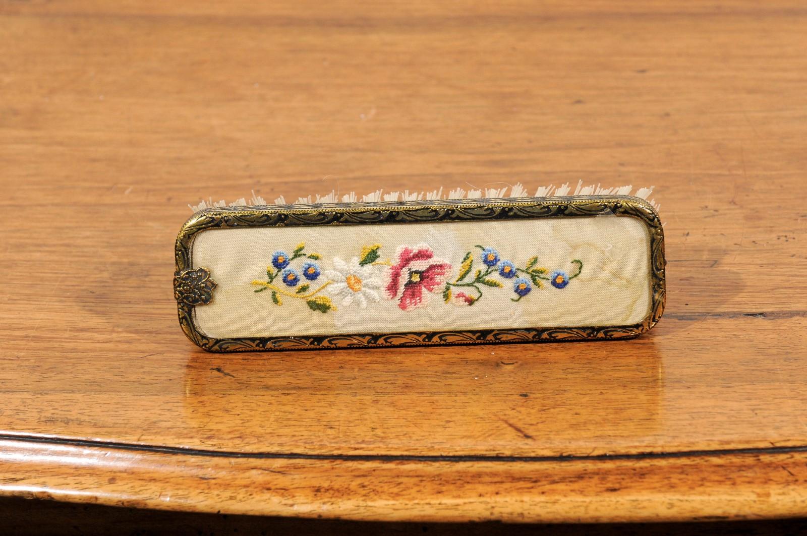 Needlepoint English 19th Century Clothes Brush with Petit Point on Silk with Brass Edges For Sale