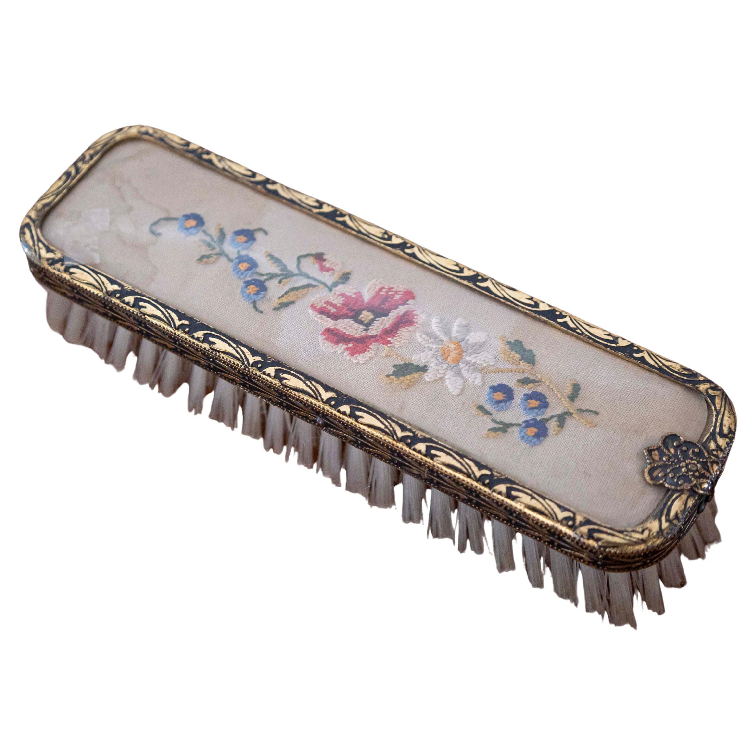 English 19th Century Clothes Brush with Petit Point on Silk with Brass Edges For Sale