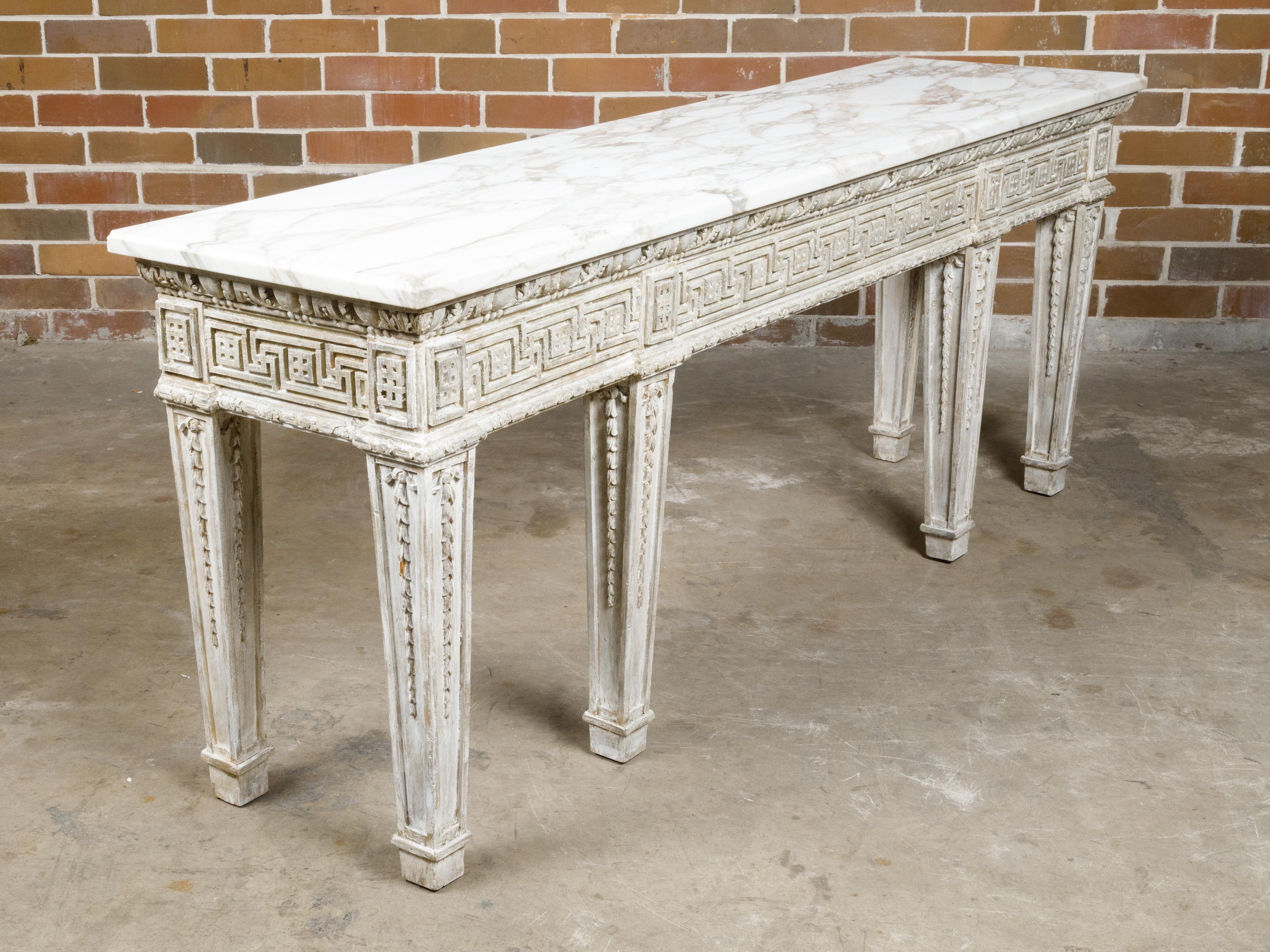 English 19th Century Console Table with Carved Greek Key and White Marble Top For Sale 11