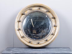 English 19th Century Convex Mirror with Ball Stud Decor and Distressed Paint