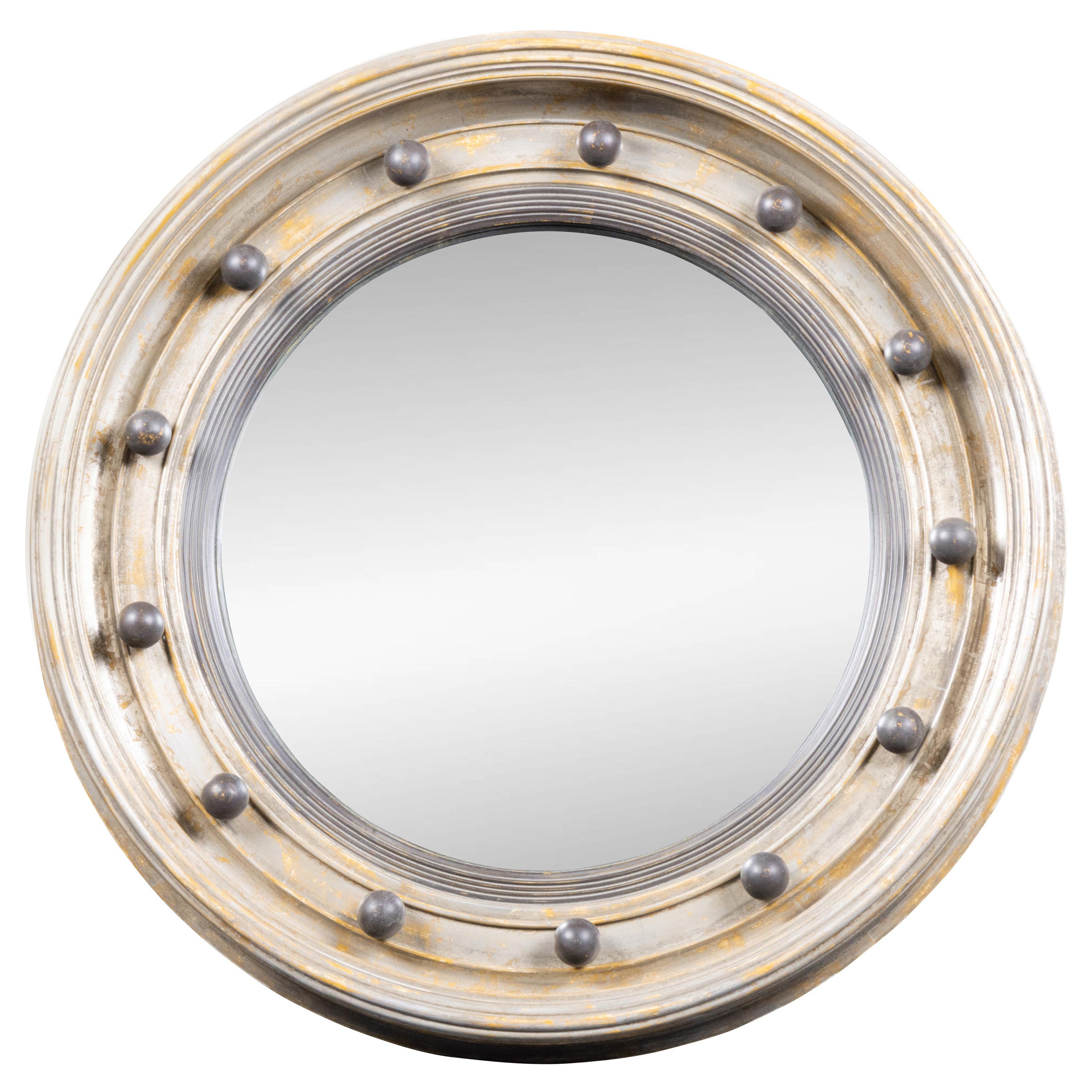 English 19th Century Convex Mirror with Ball Stud Decor and Distressed Paint For Sale