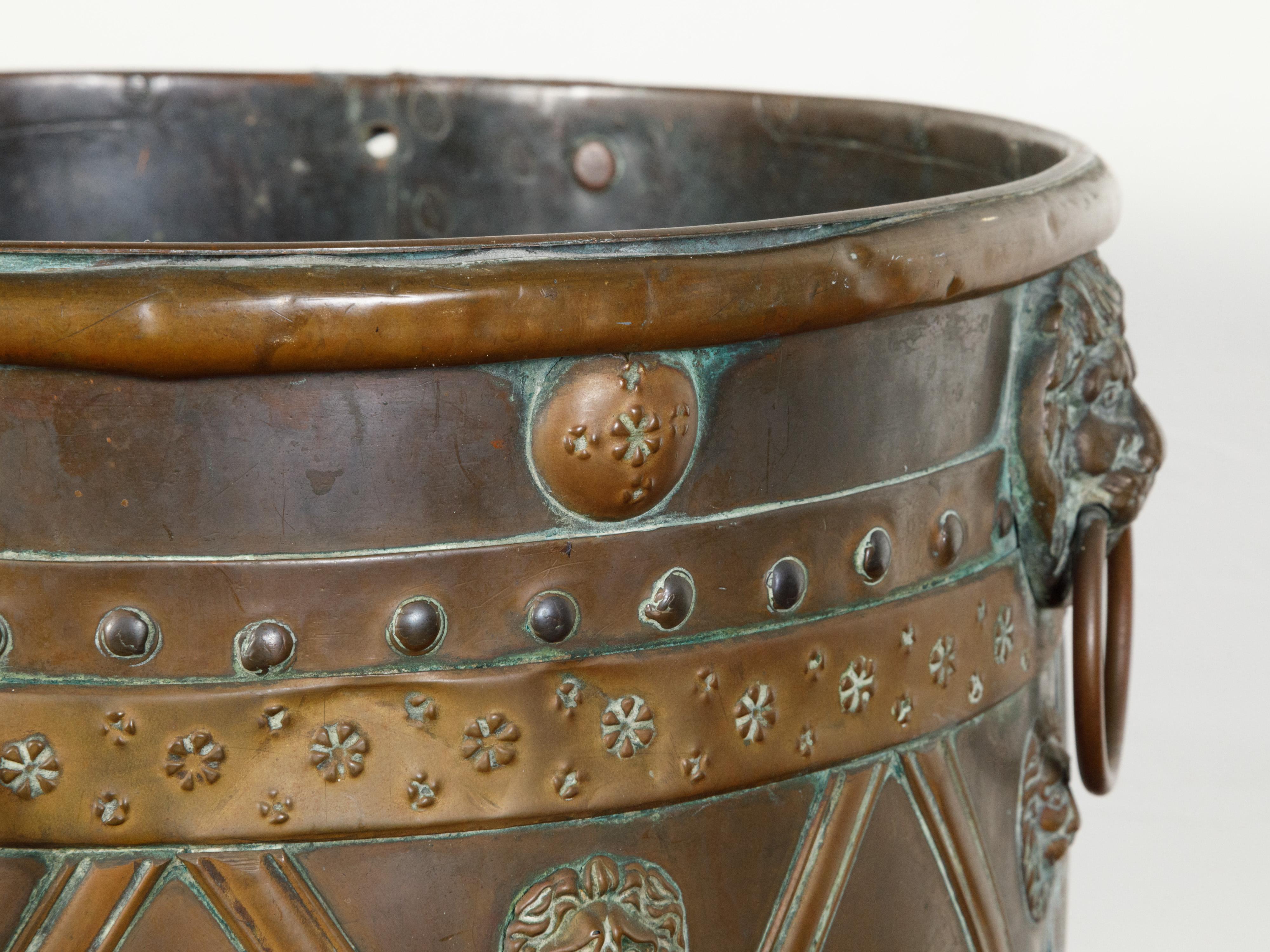 English 19th Century Copper Planter with Lion Heads and Diamond Motifs 7