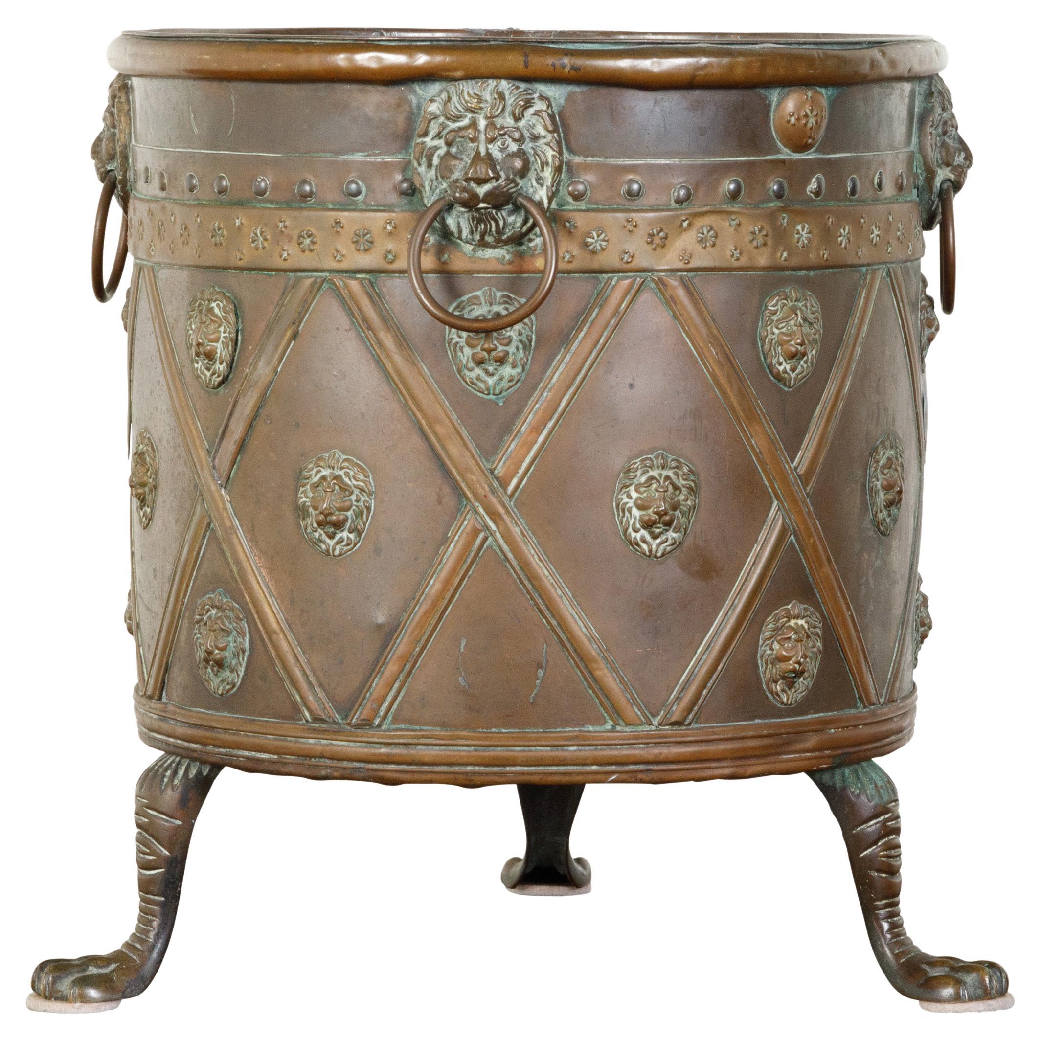 English 19th Century Copper Planter with Lion Heads and Diamond Motifs