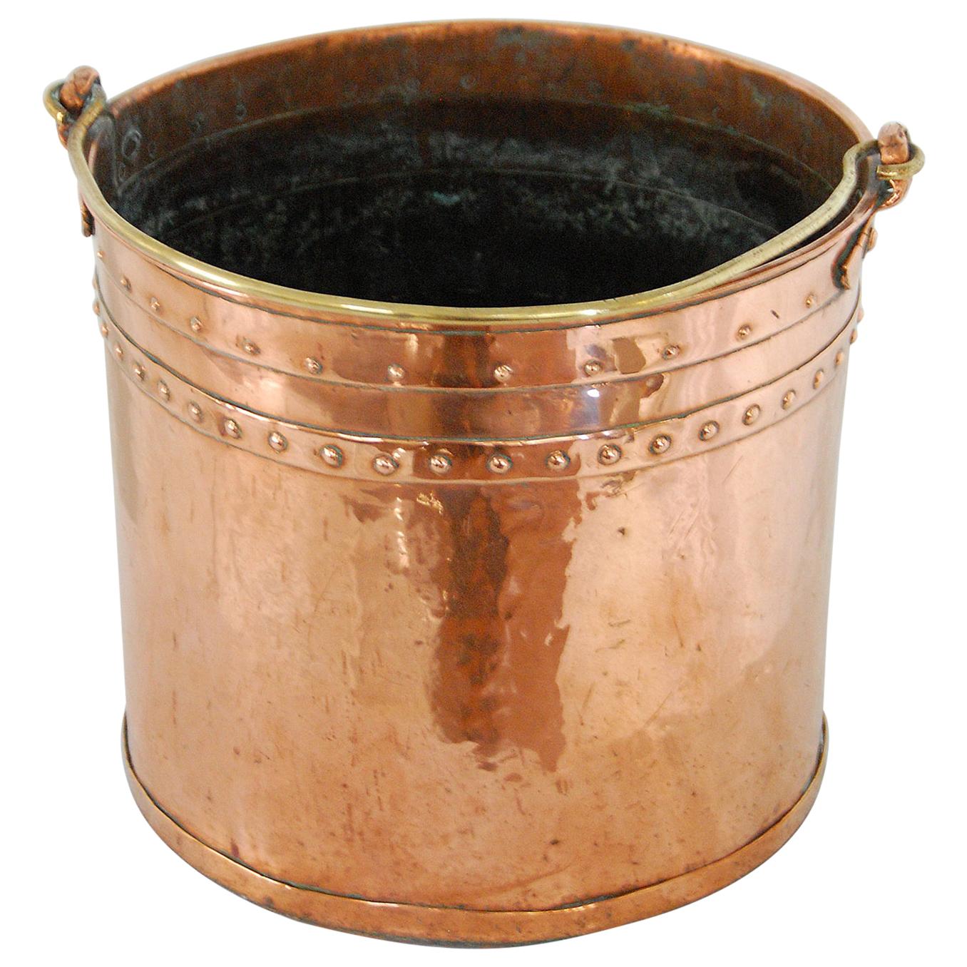 English 19th Century Copper Riveted Coal Bucket, Today for Logs or Plant