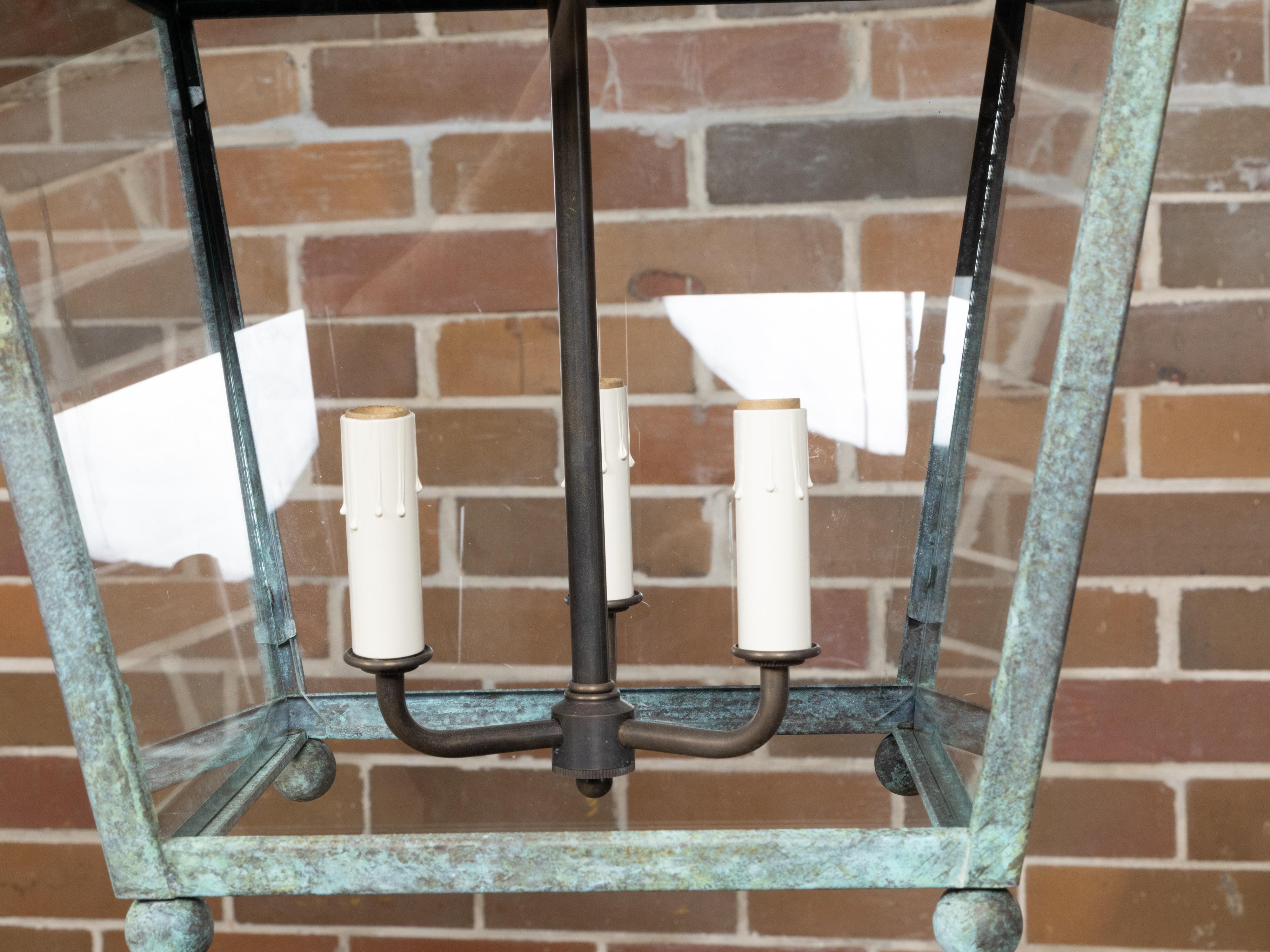 English 19th Century Copper Three-Light Lantern with Glass Panels, USA Wired For Sale 8
