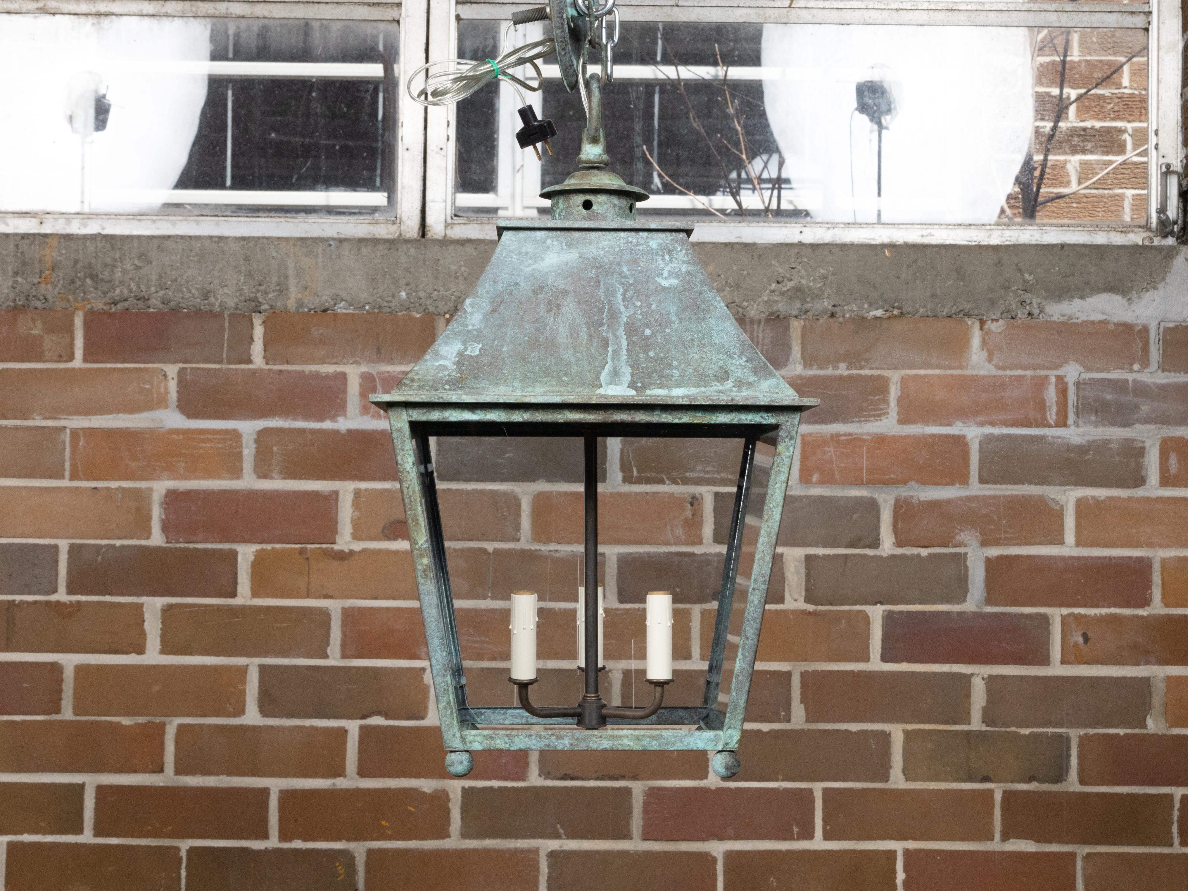 English 19th Century Copper Three-Light Lantern with Glass Panels, USA Wired For Sale 1