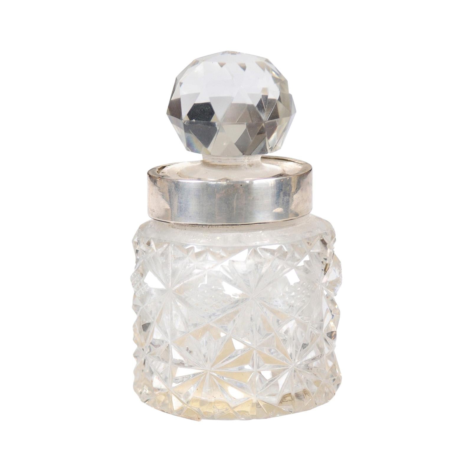 English 19th Century Crystal and Silver Jug with Diamond Motifs and Ball Stopper