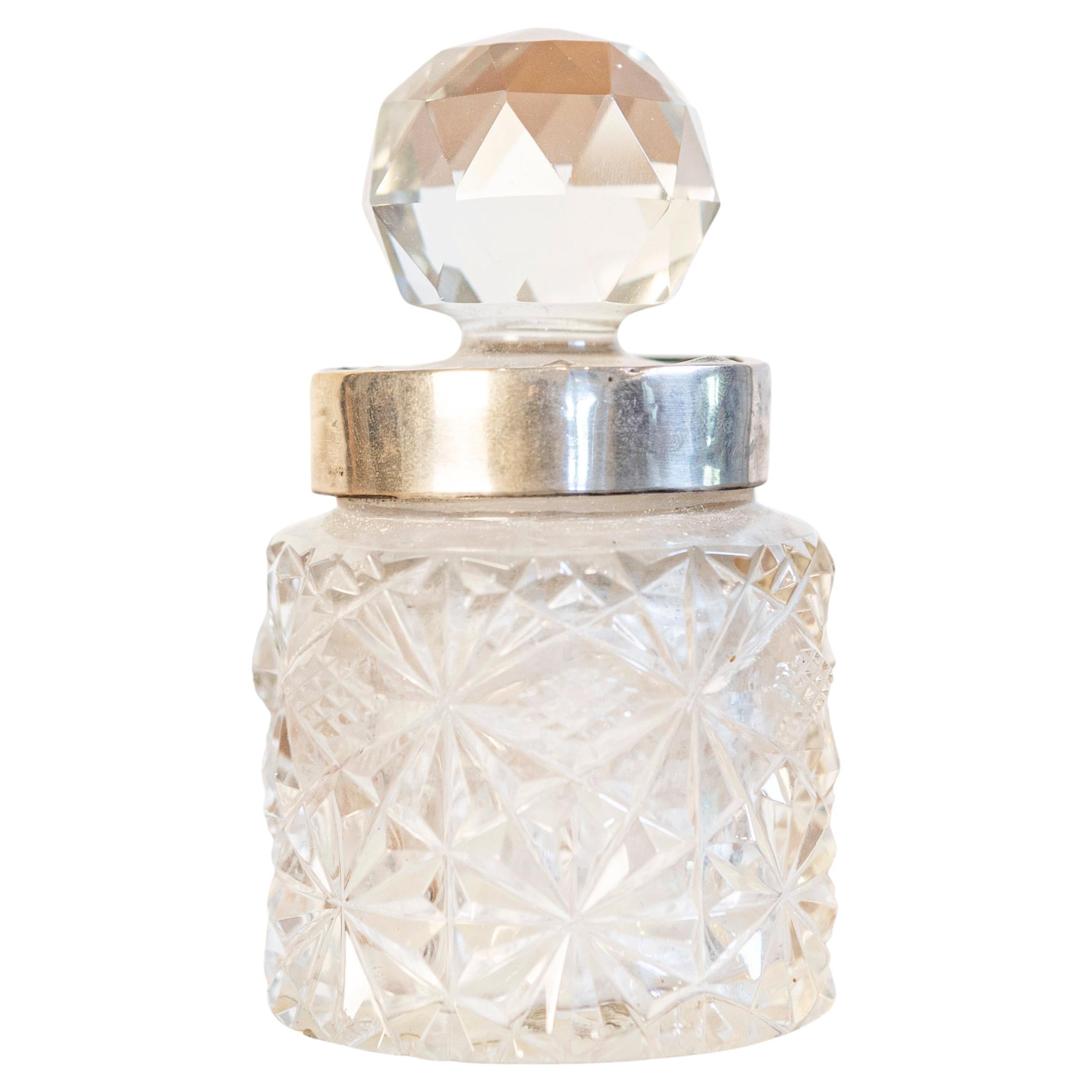 Englischer Krug aus Kristall und Silber des 19. Jahrhunderts mit Diamantmotiven und Kugel Stopper