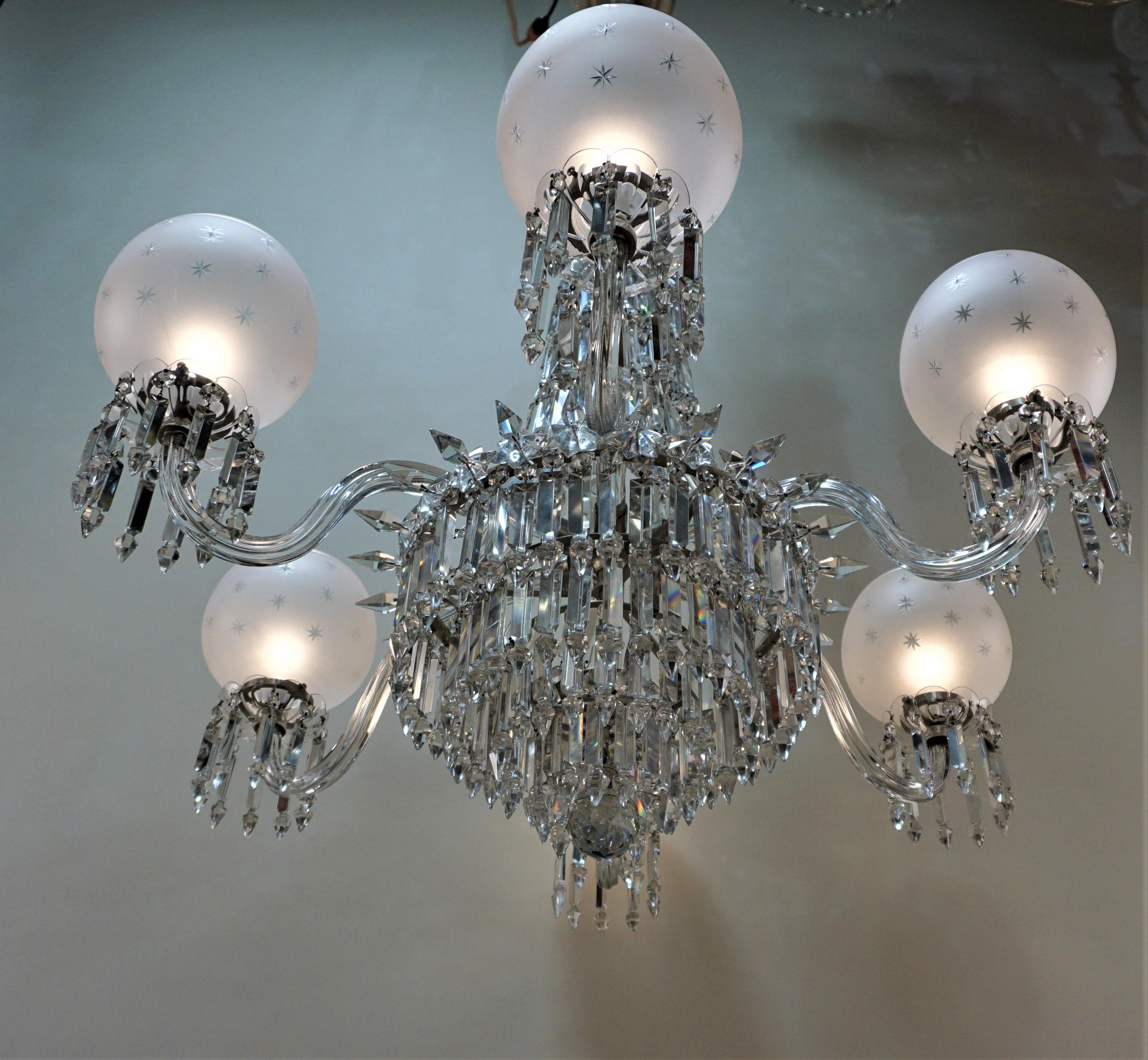 An exceptional rare 19th century English crystal six-arm gas chandelier with hundreds of original cut glass prisms reflect the light and dazzling.
Satin silver hardware.
 