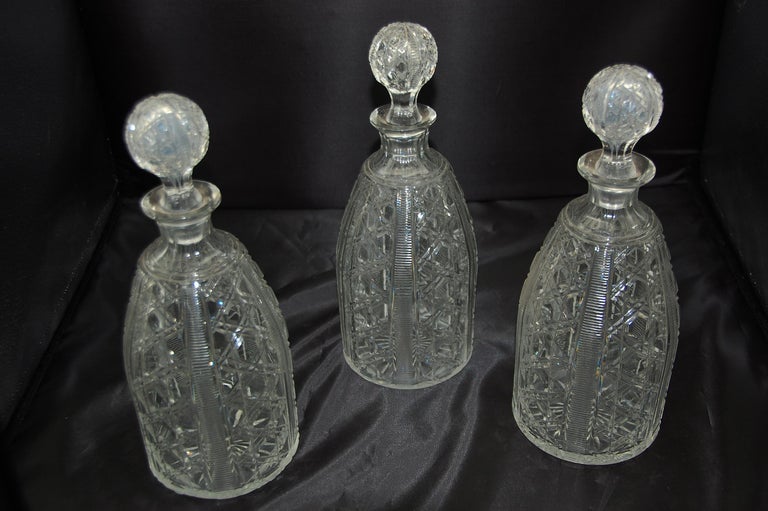 Victorian English 19th Century Cut Glass and Silver Plate Three Decanter Tantalus For Sale