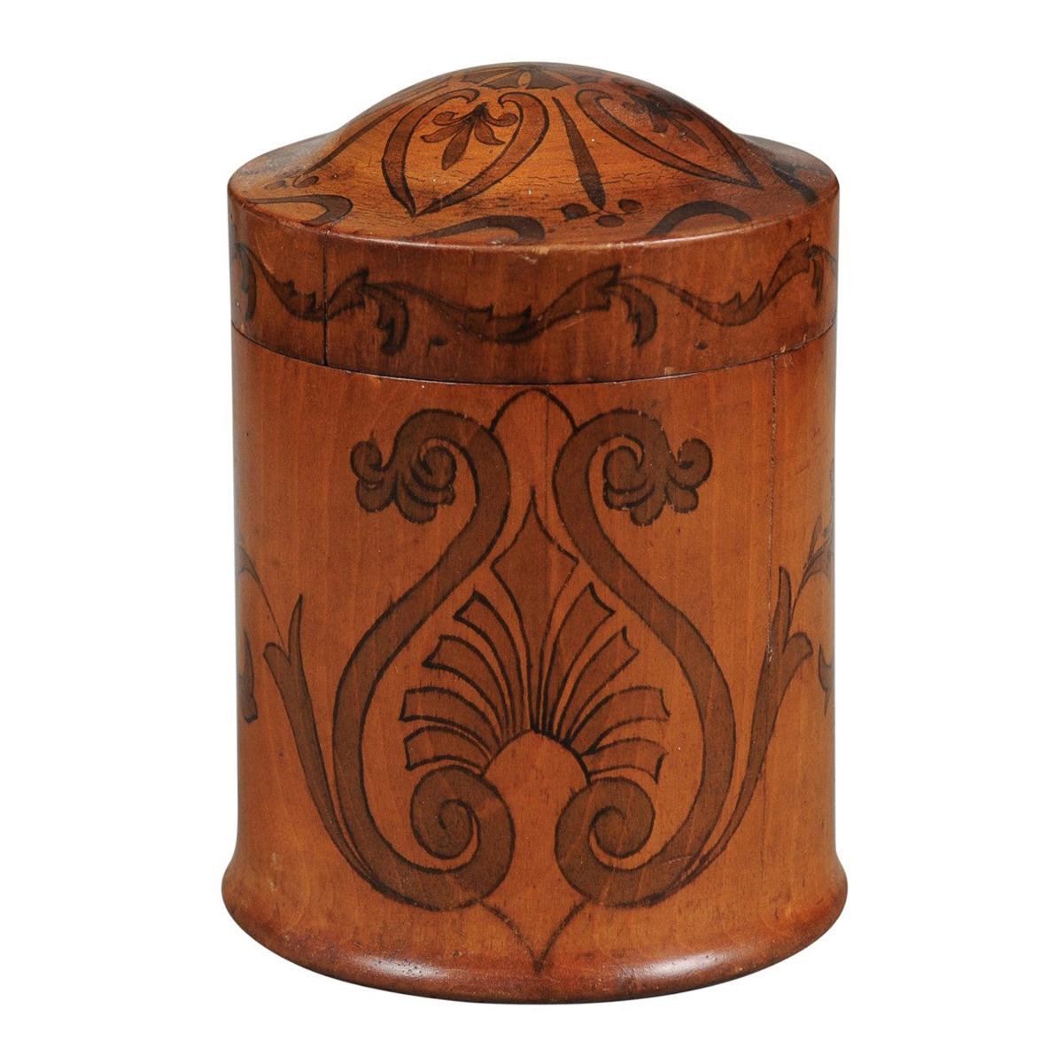 English 19th Century Cylindrical Lidded Wooden Box with Inlaid Volutes