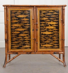 English 19th Century Découpage Fish Bamboo Cabinet