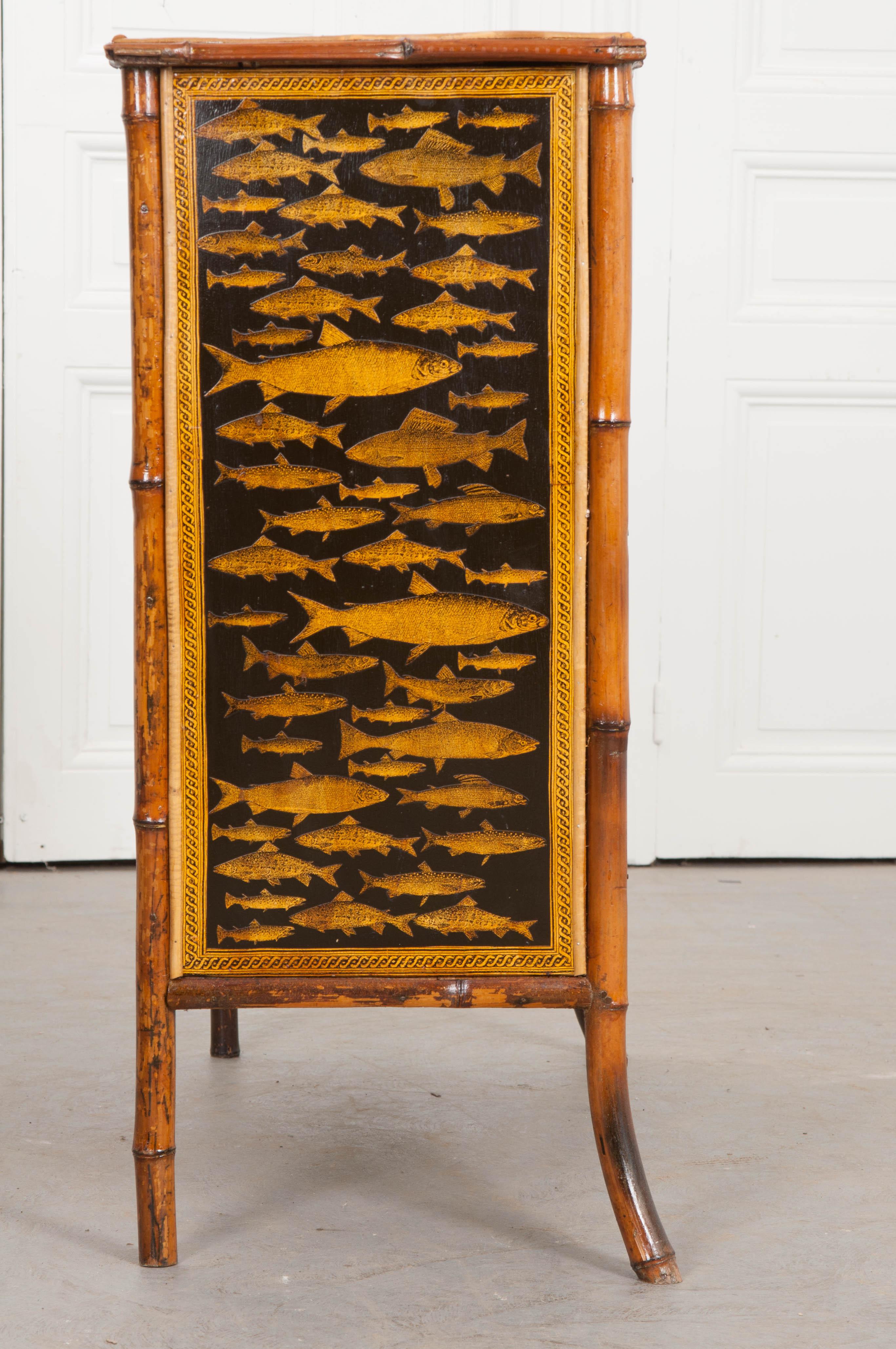 Victorian English 19th Century Découpage Fish Bamboo Cabinet