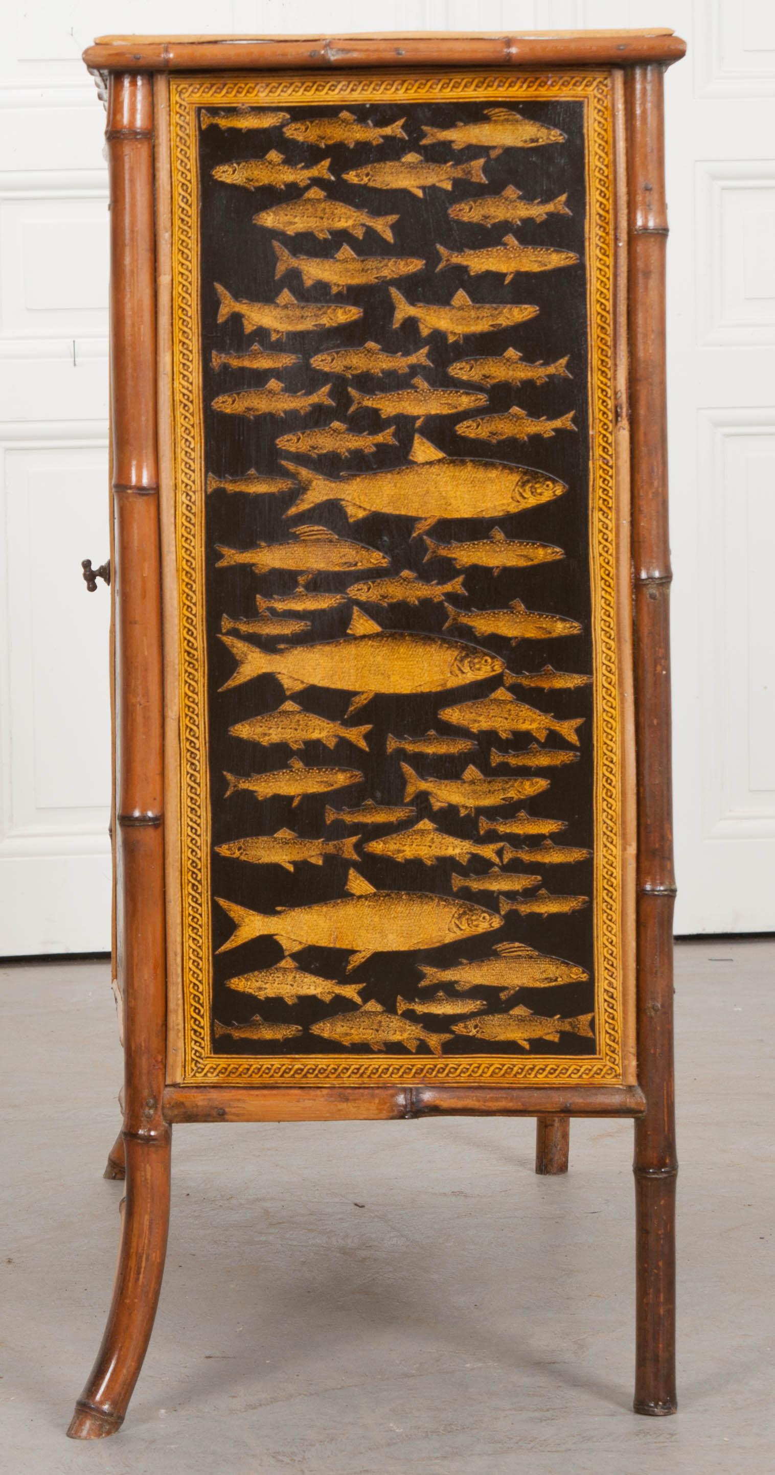 English 19th Century Découpage Fish Bamboo Cabinet In Good Condition In Baton Rouge, LA