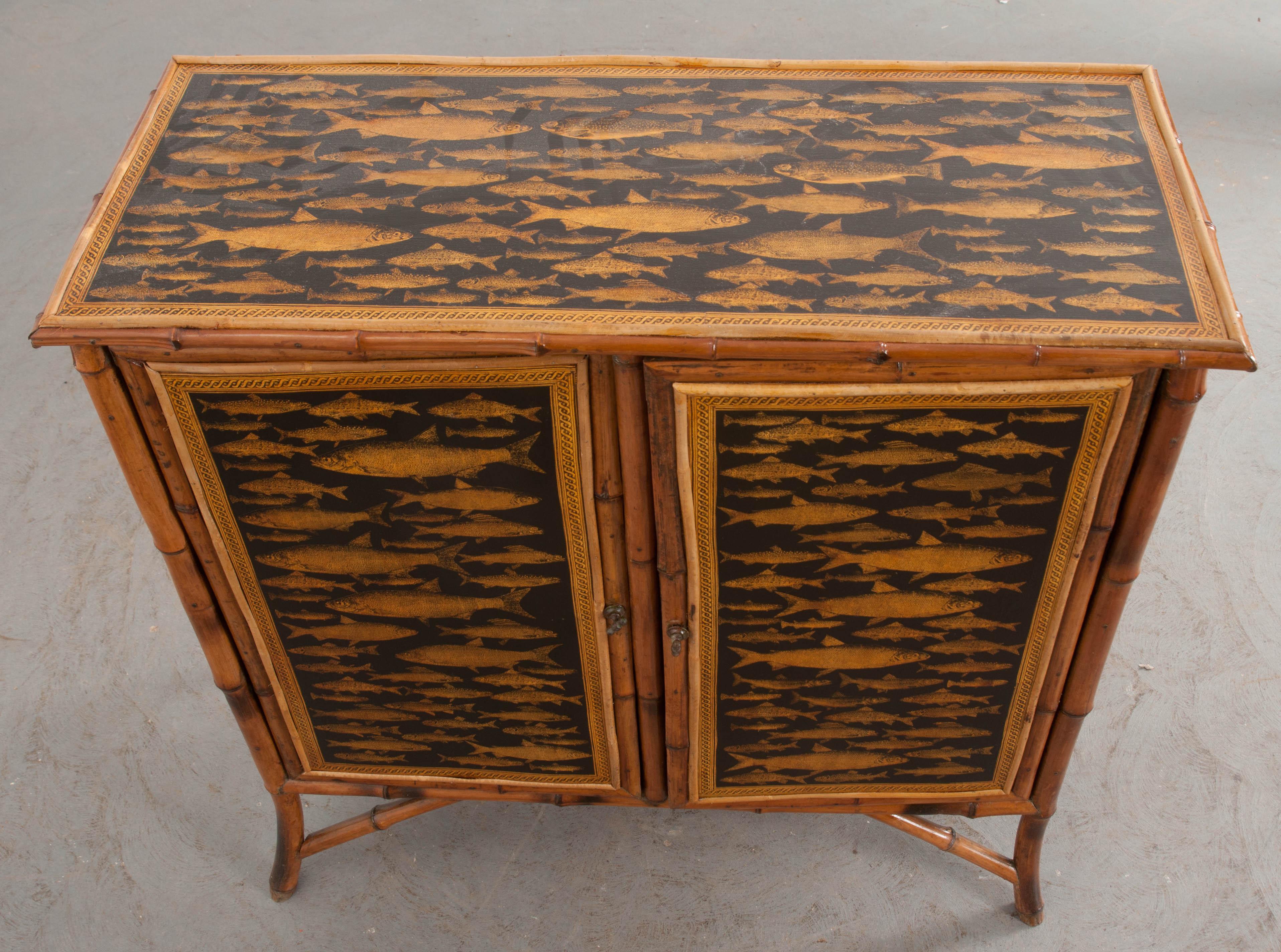 English 19th Century Découpage Fish Bamboo Cabinet 1